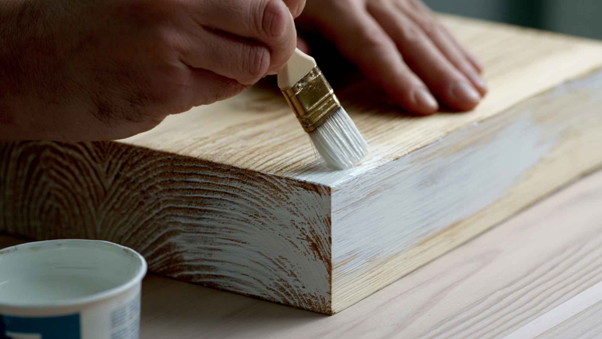 Hands brushing diluted whitewash on hidden wood spot showing soft white finish test area