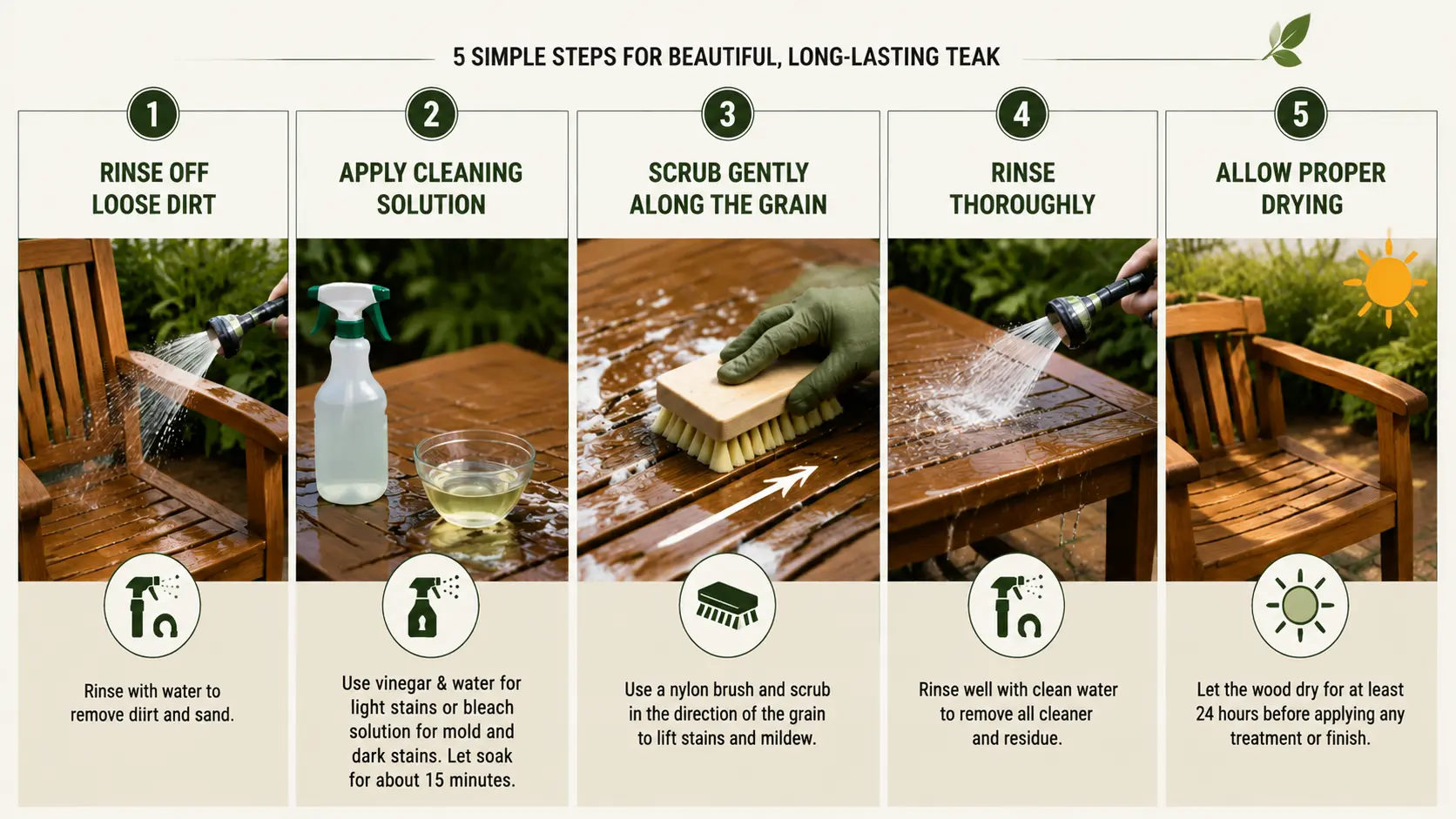 Step-by-step infographic of cleaning teak furniture with rinse, scrub, and dry instructions