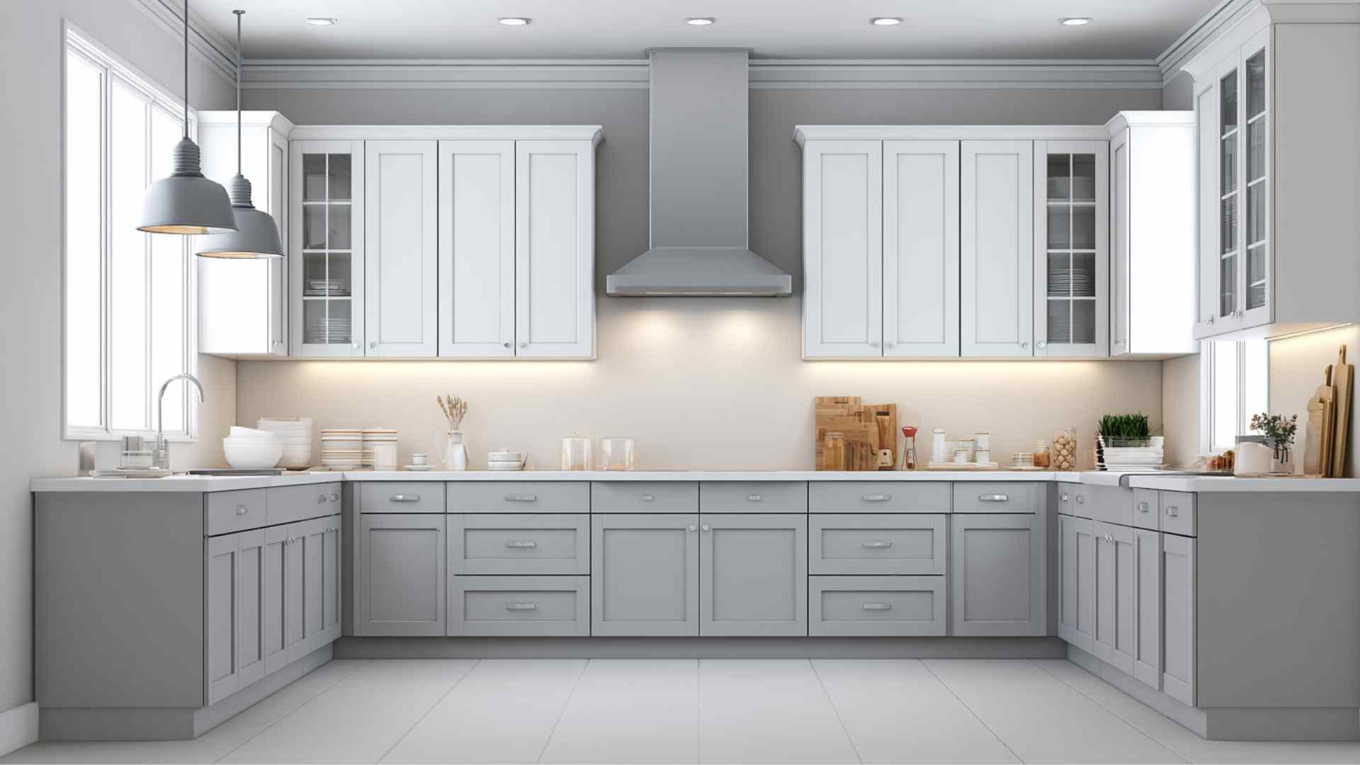 Standard stock kitchen cabinets in simple showroom layout showing fixed sizes and neutral finishes in bright modern space