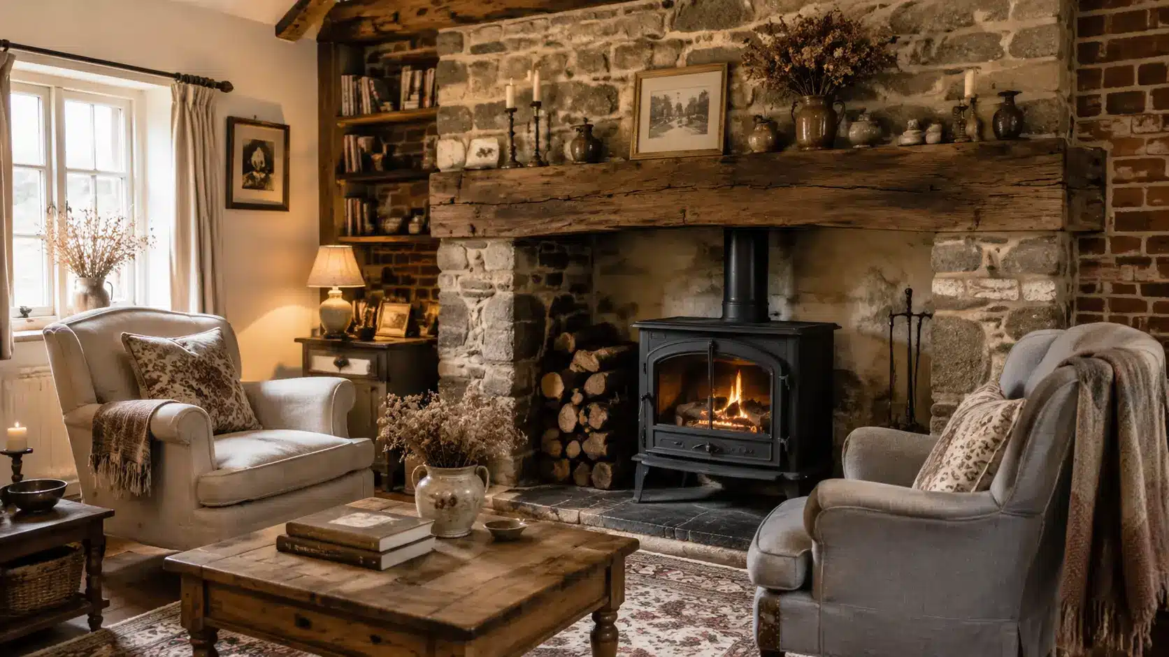 Stone fireplace as the focal point in an English cottage living room