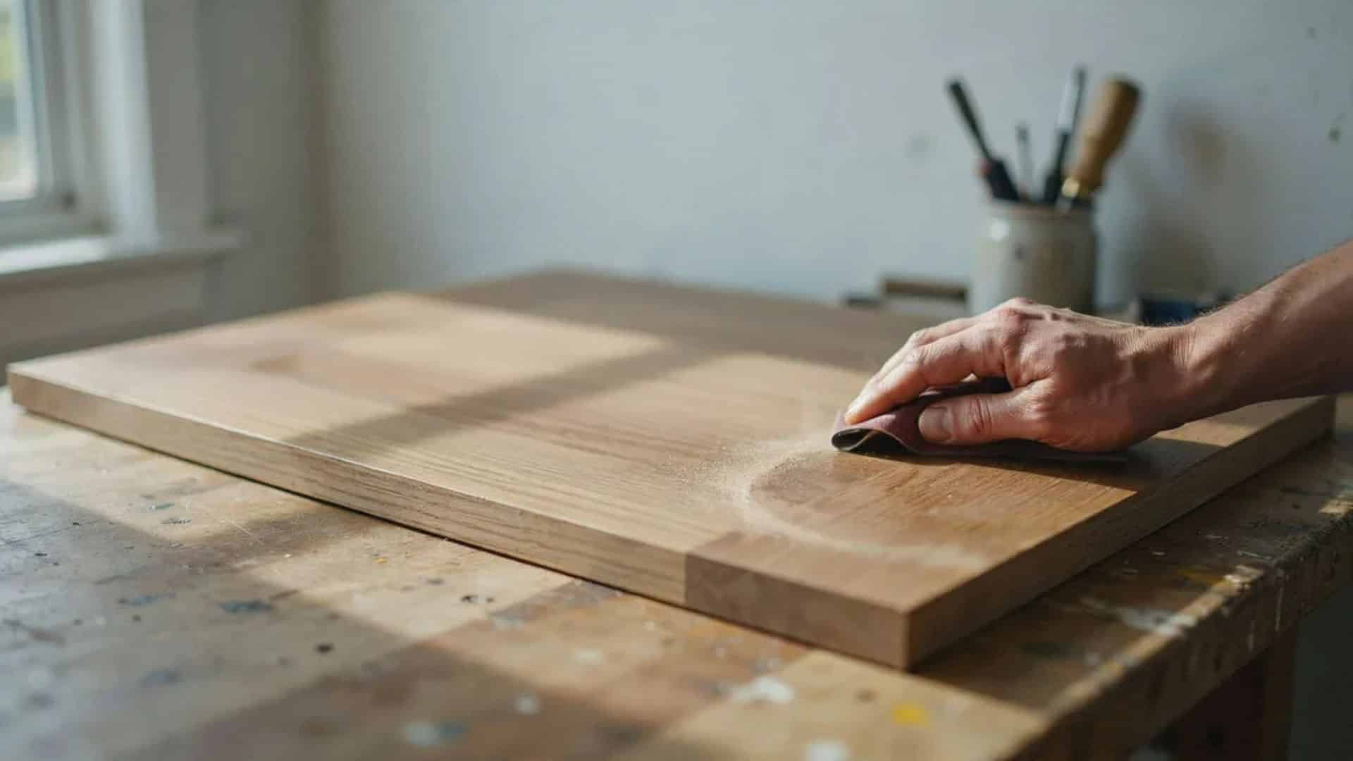Hand sanding wooden surface on workbench preparing it for enamel paint in softly lit indoor home setting