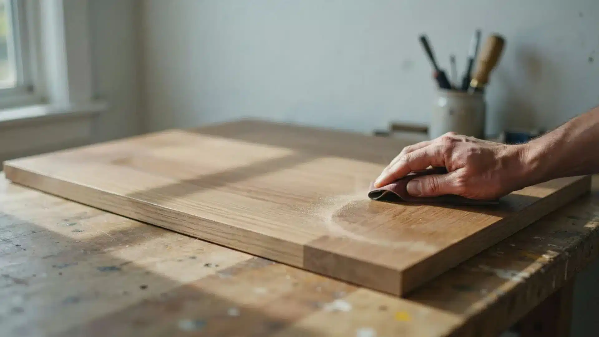Hand sanding wooden surface on workbench preparing it for enamel paint in softly lit indoor home setting