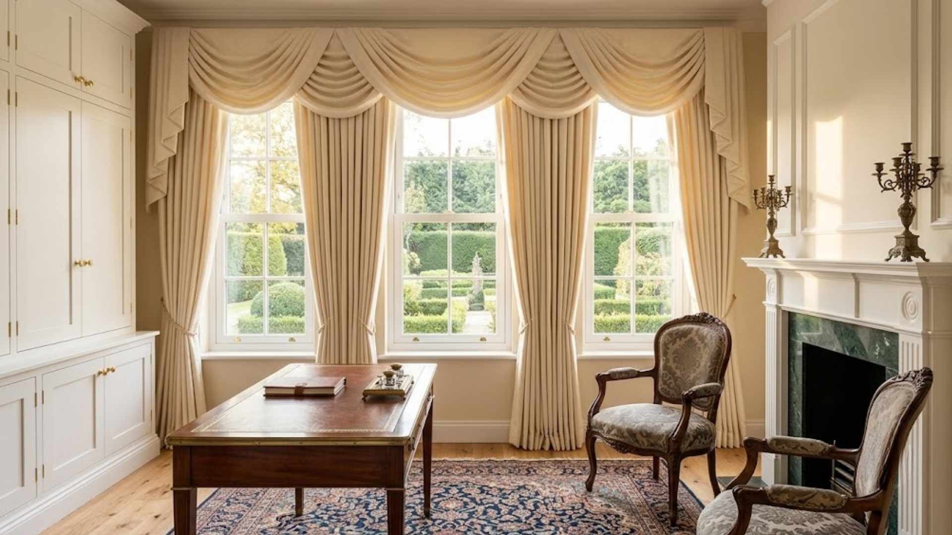 Cream swag curtains draped across triple windows in a formal study with antique desk and marble fireplace