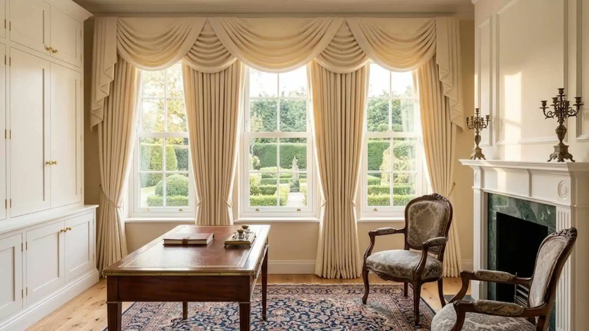Cream swag curtains draped across triple windows in a formal study with antique desk and marble fireplace