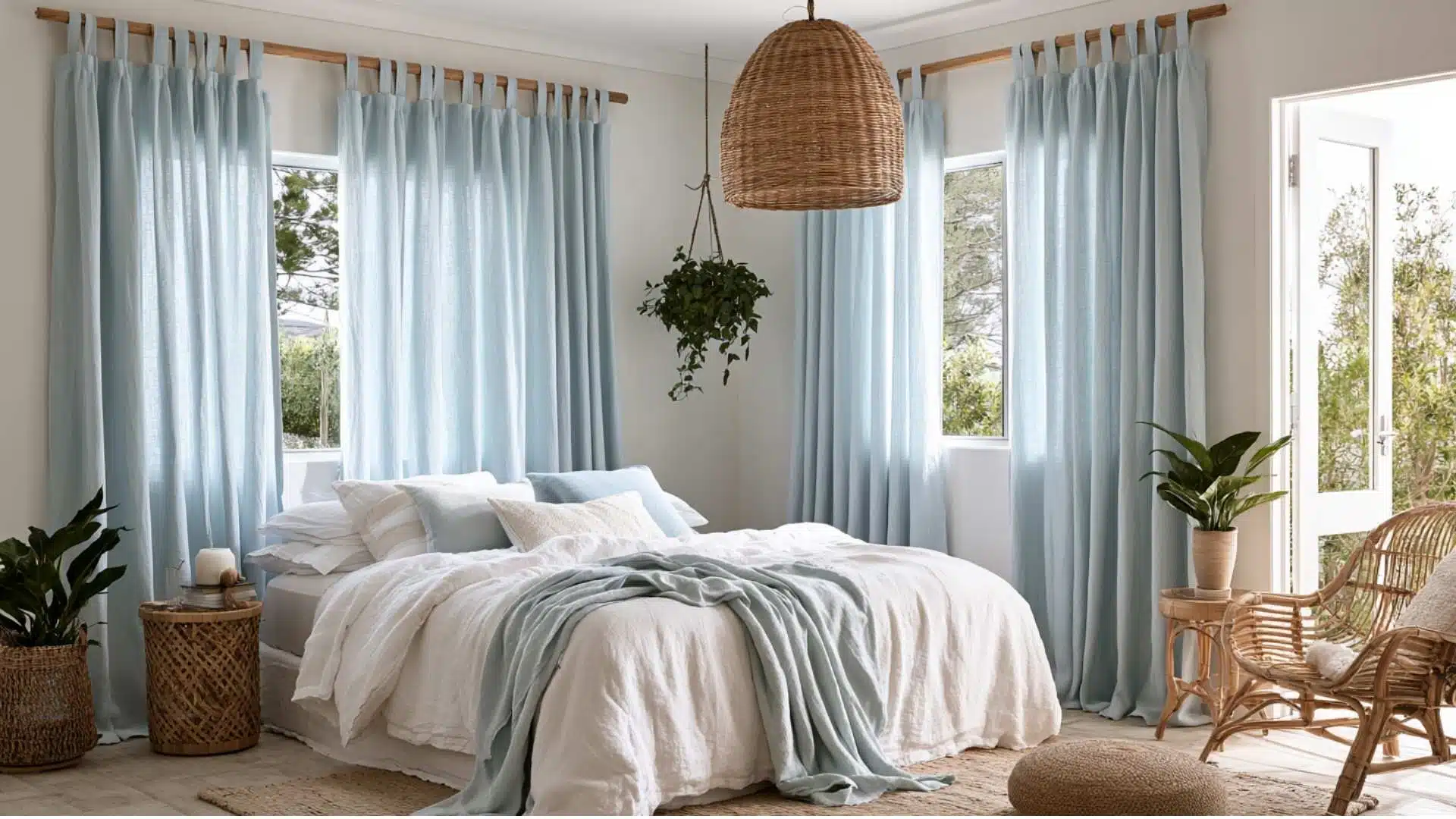Light blue tab top curtains on a wooden rod in a coastal bedroom with rattan furniture and plants