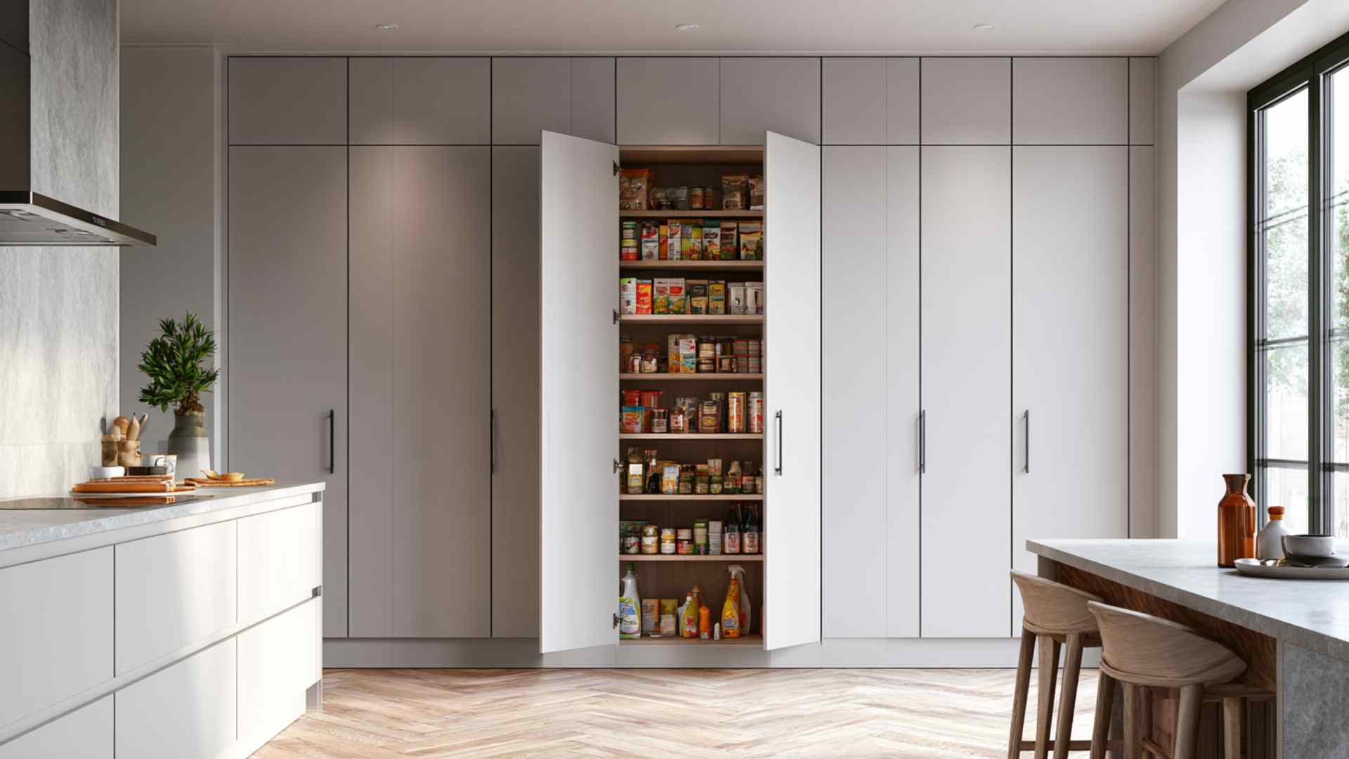 Floor to ceiling tall kitchen cabinet open showing organized pantry storage with groceries and cleaning essentials inside