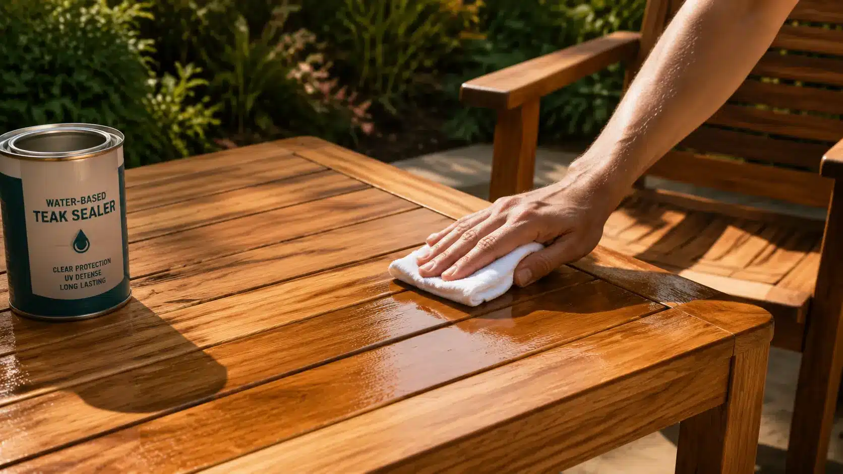 Teak furniture outdoors being sealed with a soft cloth under sunlight