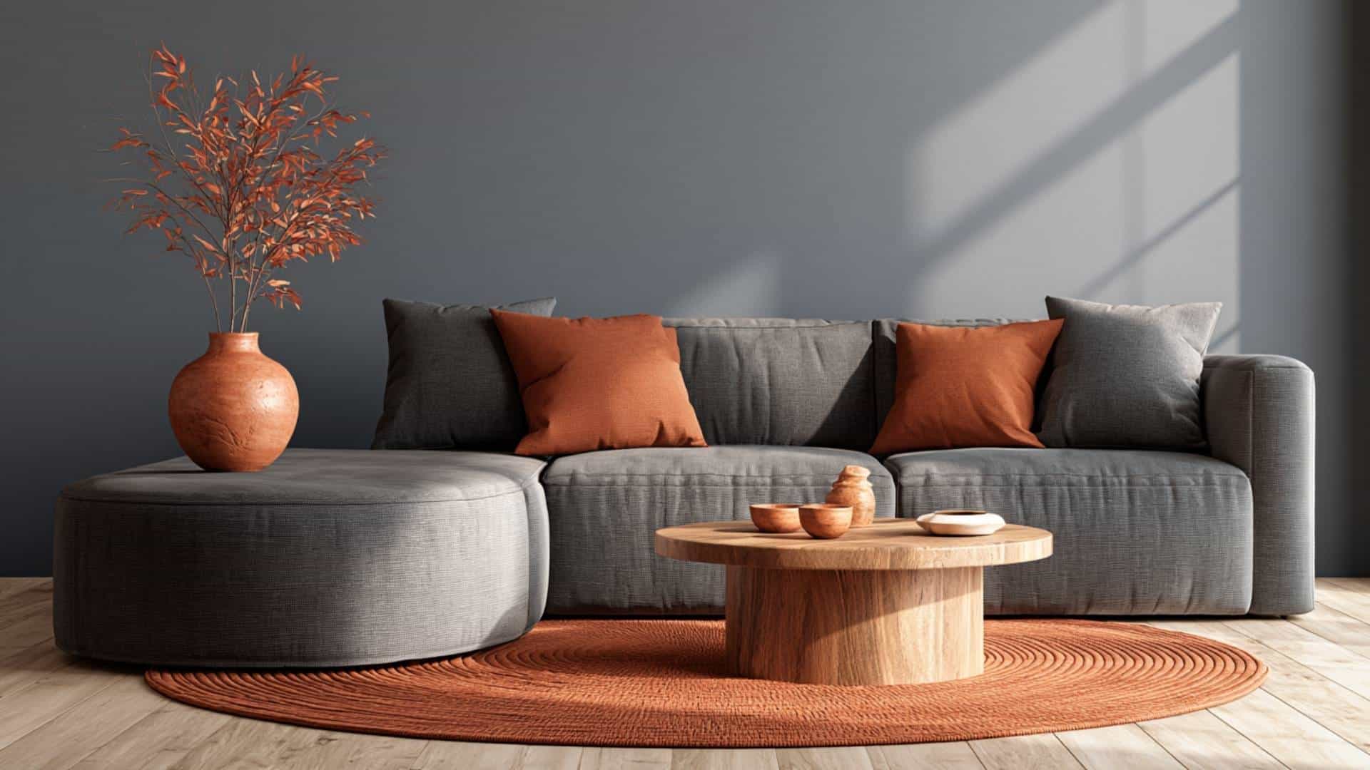 Terracotta and gray cozy living room with textured sofa, wooden coffee table, and warm accent palette.
