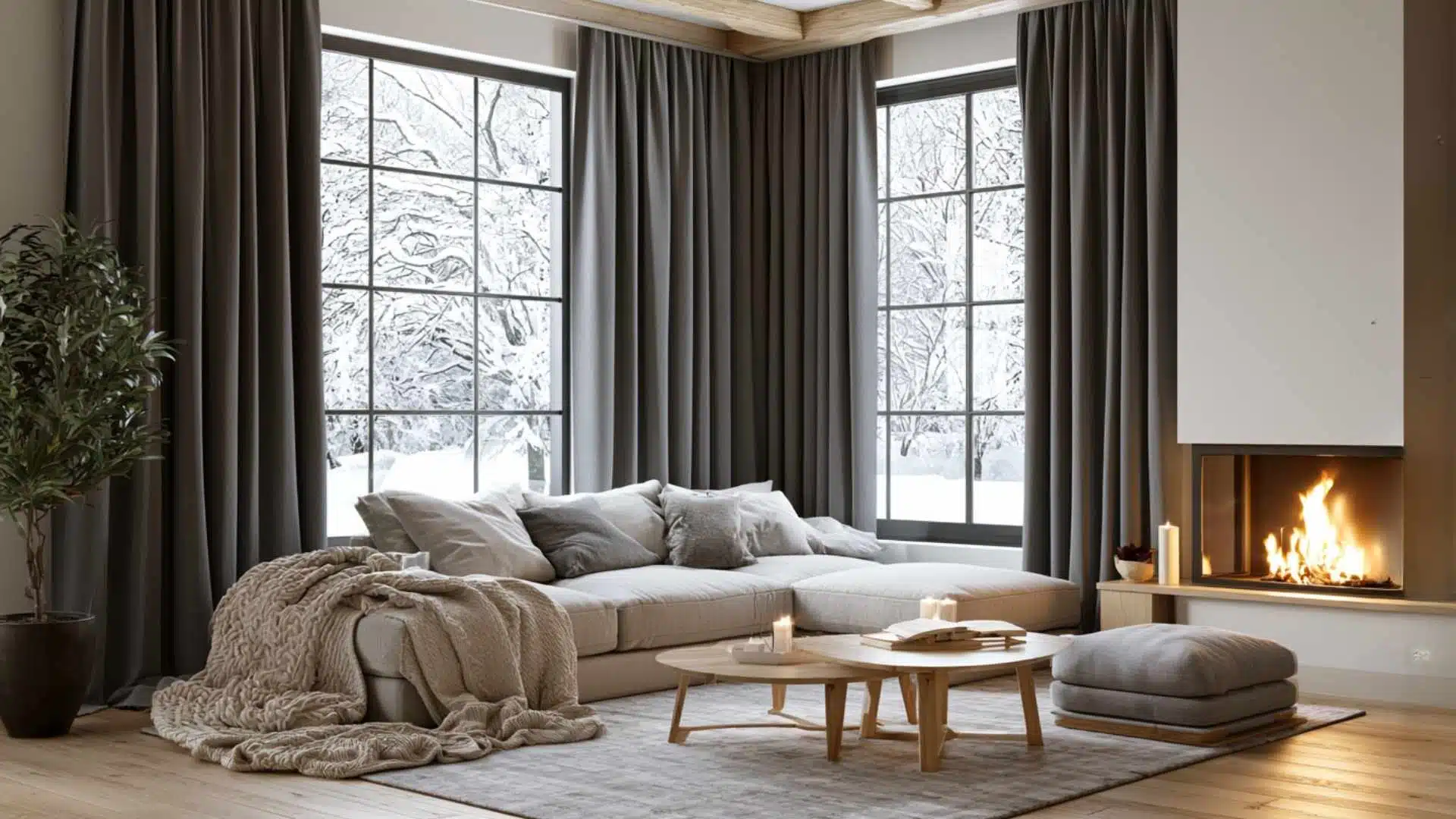 Dark gray thermal curtains covering corner windows in a cozy winter living room with lit fireplace