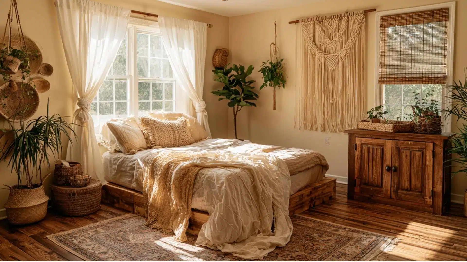 White tie top curtains with knotted detail in a warm bohemian bedroom with macrame wall decor