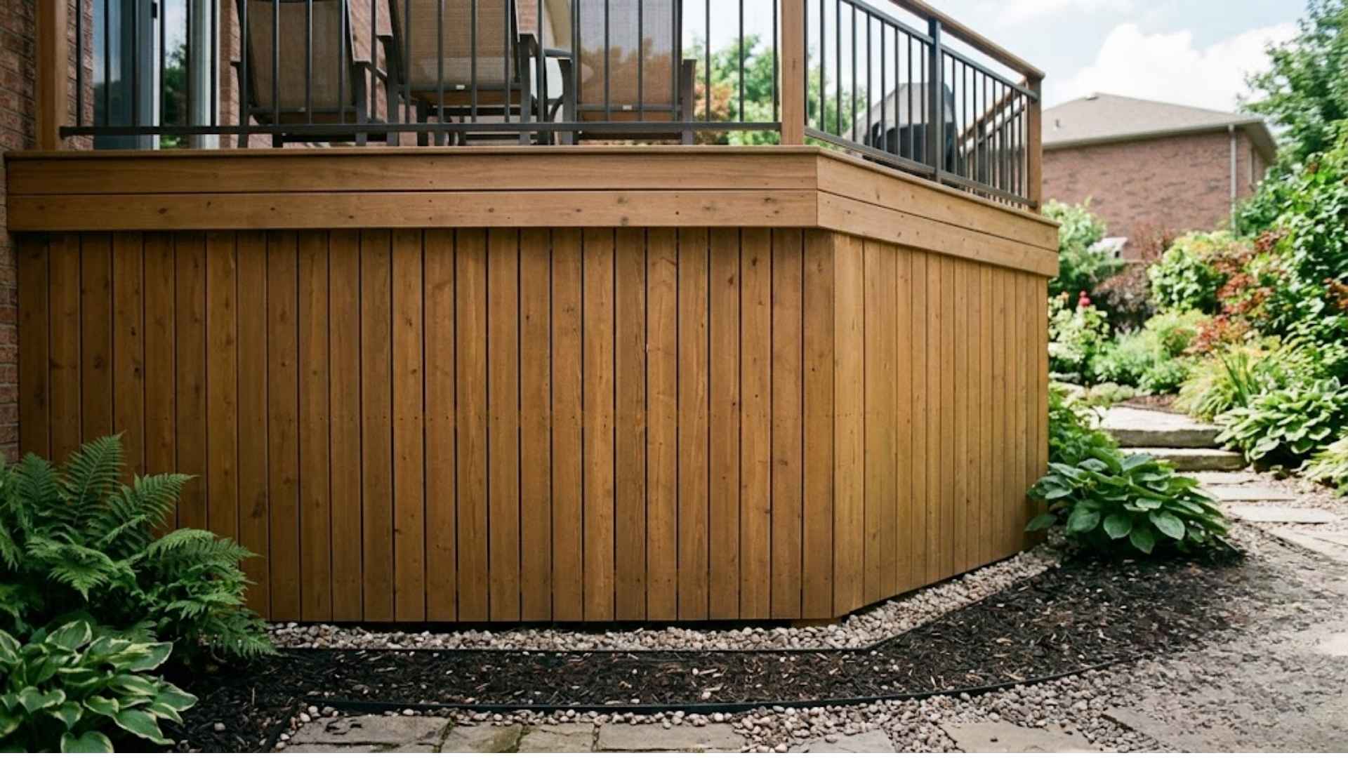 Wooden deck with tight vertical wood plank skirting and landscaping at the base.