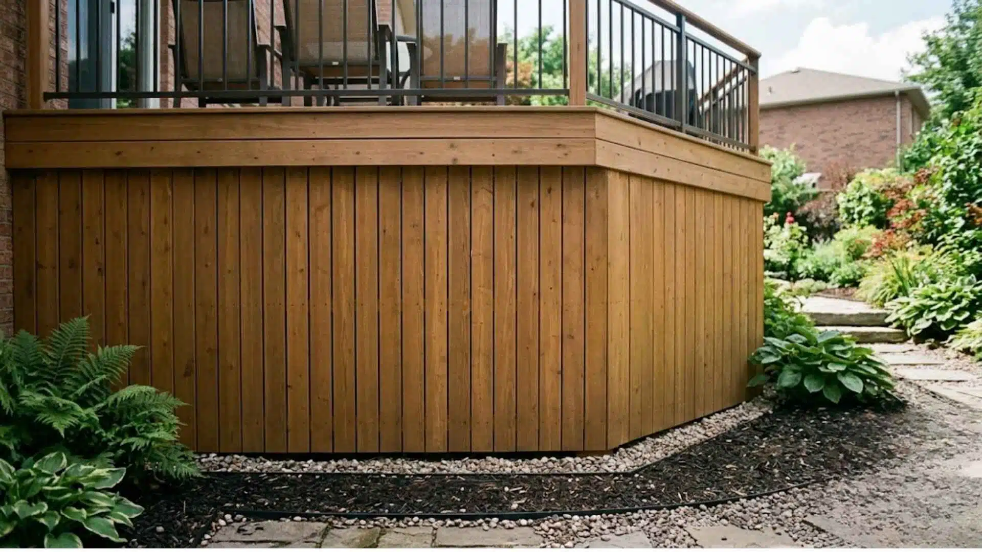 Wooden deck with tight vertical wood plank skirting and landscaping at the base.