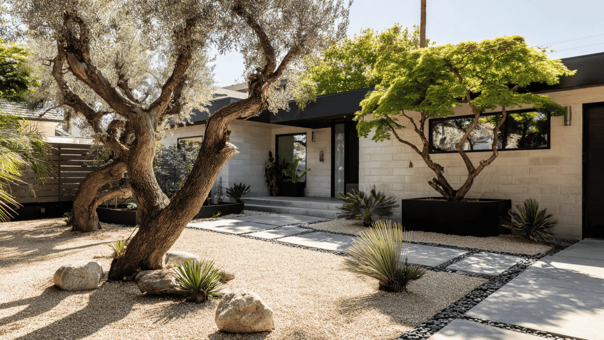 Olive tree with silvery foliage and twisted trunk as a single focal point in a modern landscaped yard