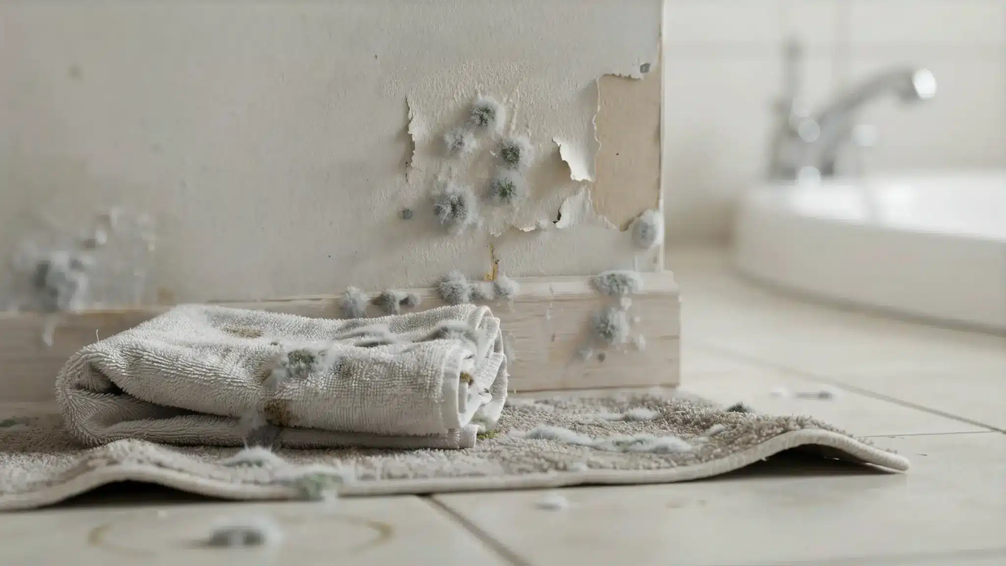 White mold with green patches, woolly texture growing on damp bath mats, towels, and drywall.