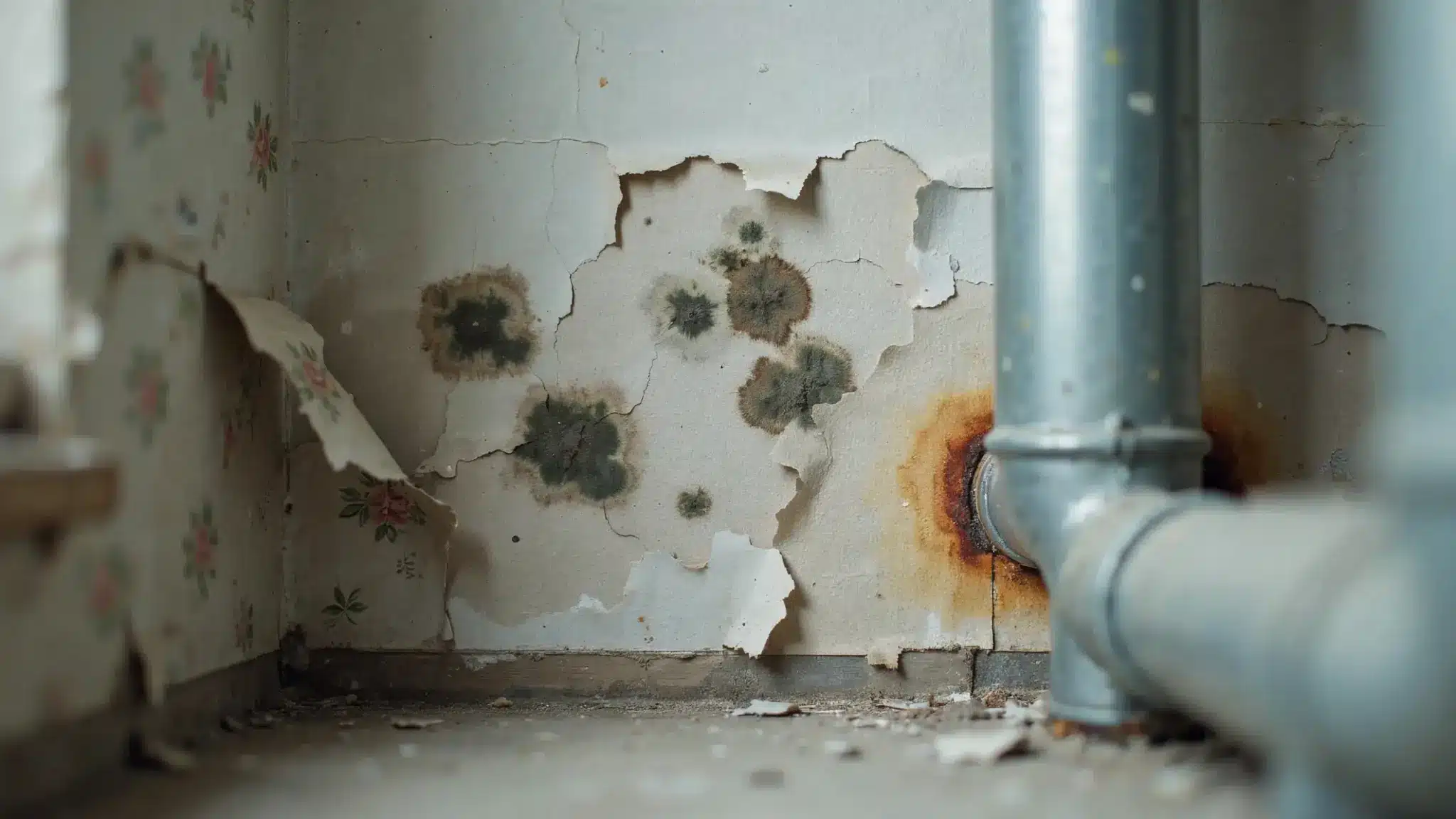 Black mold spreading across a damp wall with peeling paint and rusted pipes caused by long-term moisture damage.