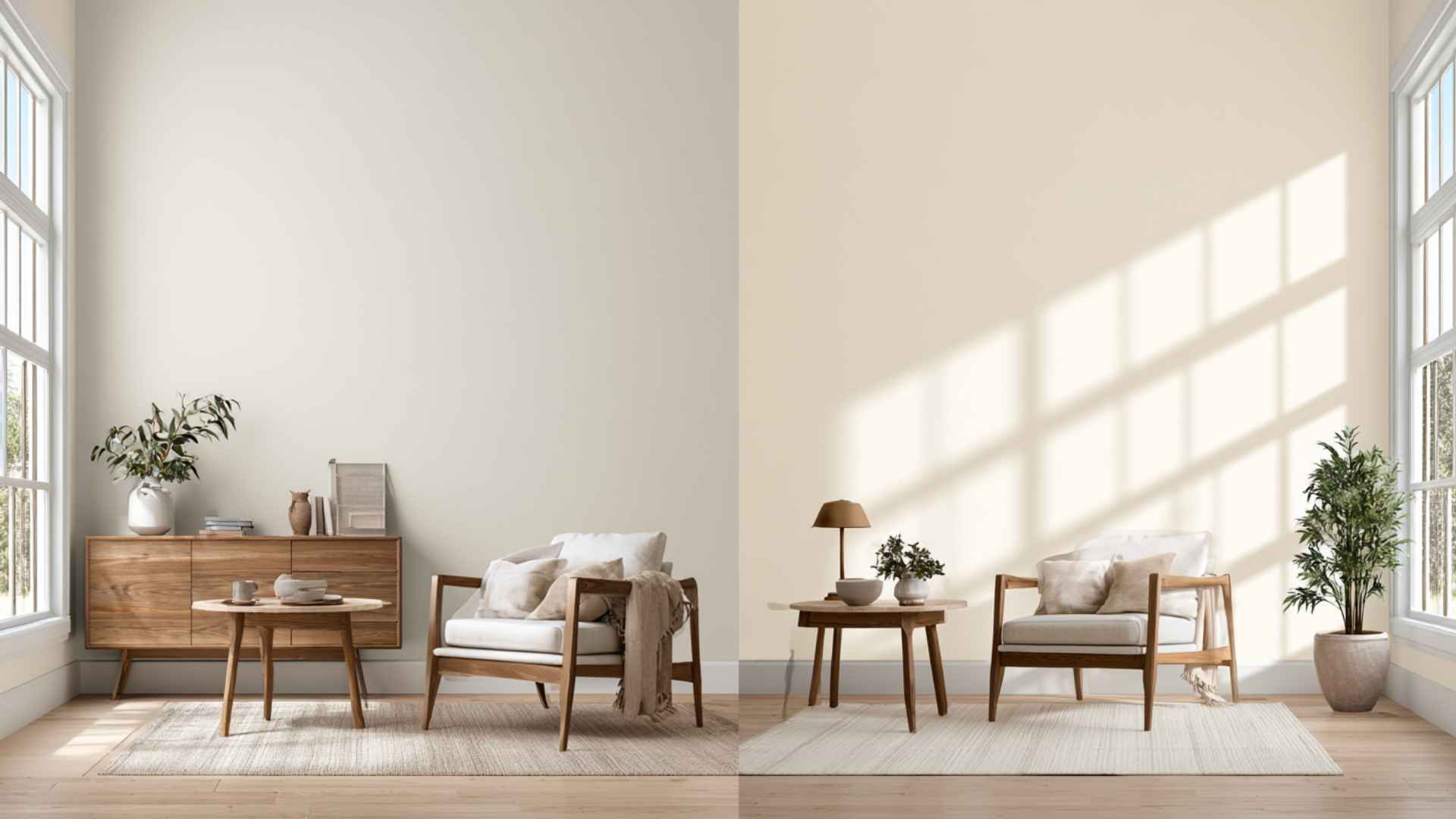 Side-by-side living rooms showing Shoji White's greige undertones and Alabaster's brighter creamy appearance.
