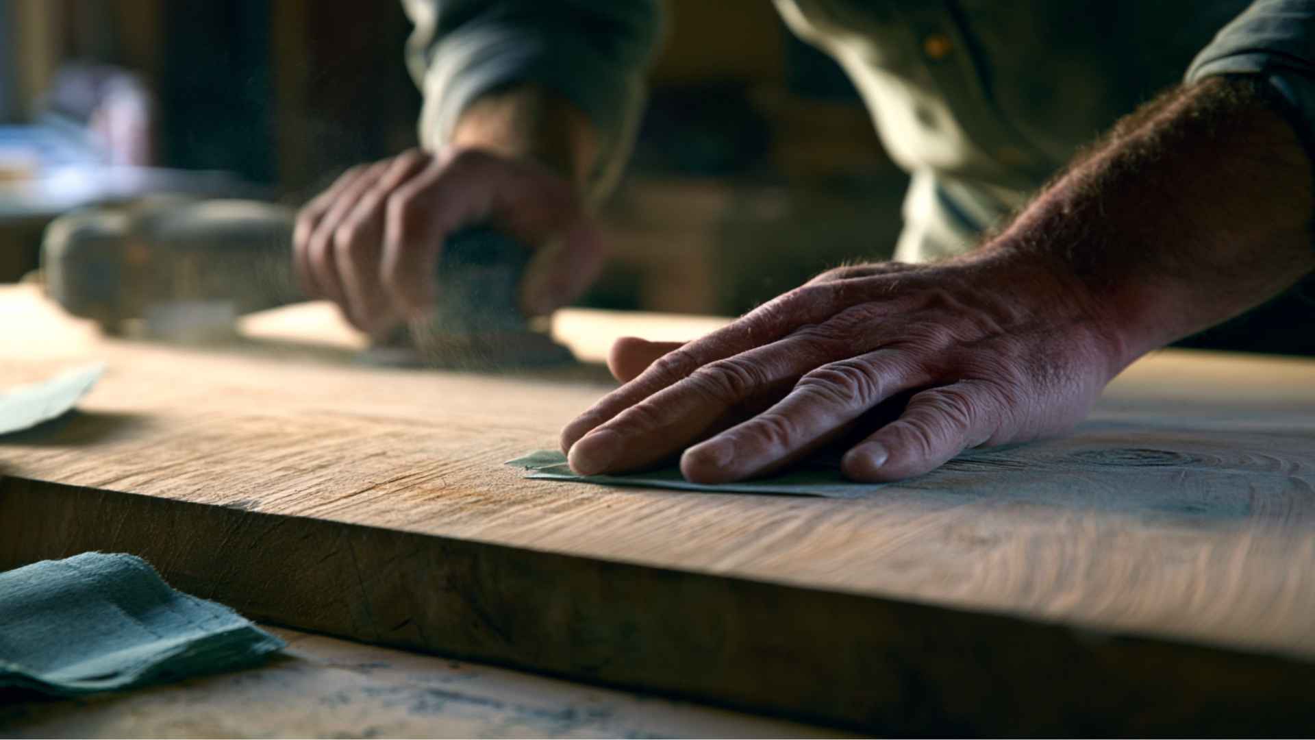 Hands sanding wooden surface with sandpaper, smoothing grain with visible dust in a continuous DIY woodworking setup.