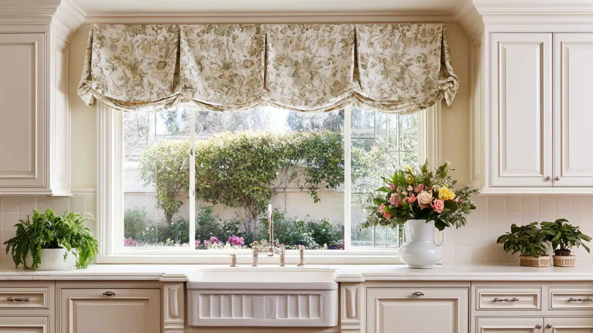 Floral fabric valance curtain above a farmhouse sink window in a cream traditional kitchen with fresh flowers