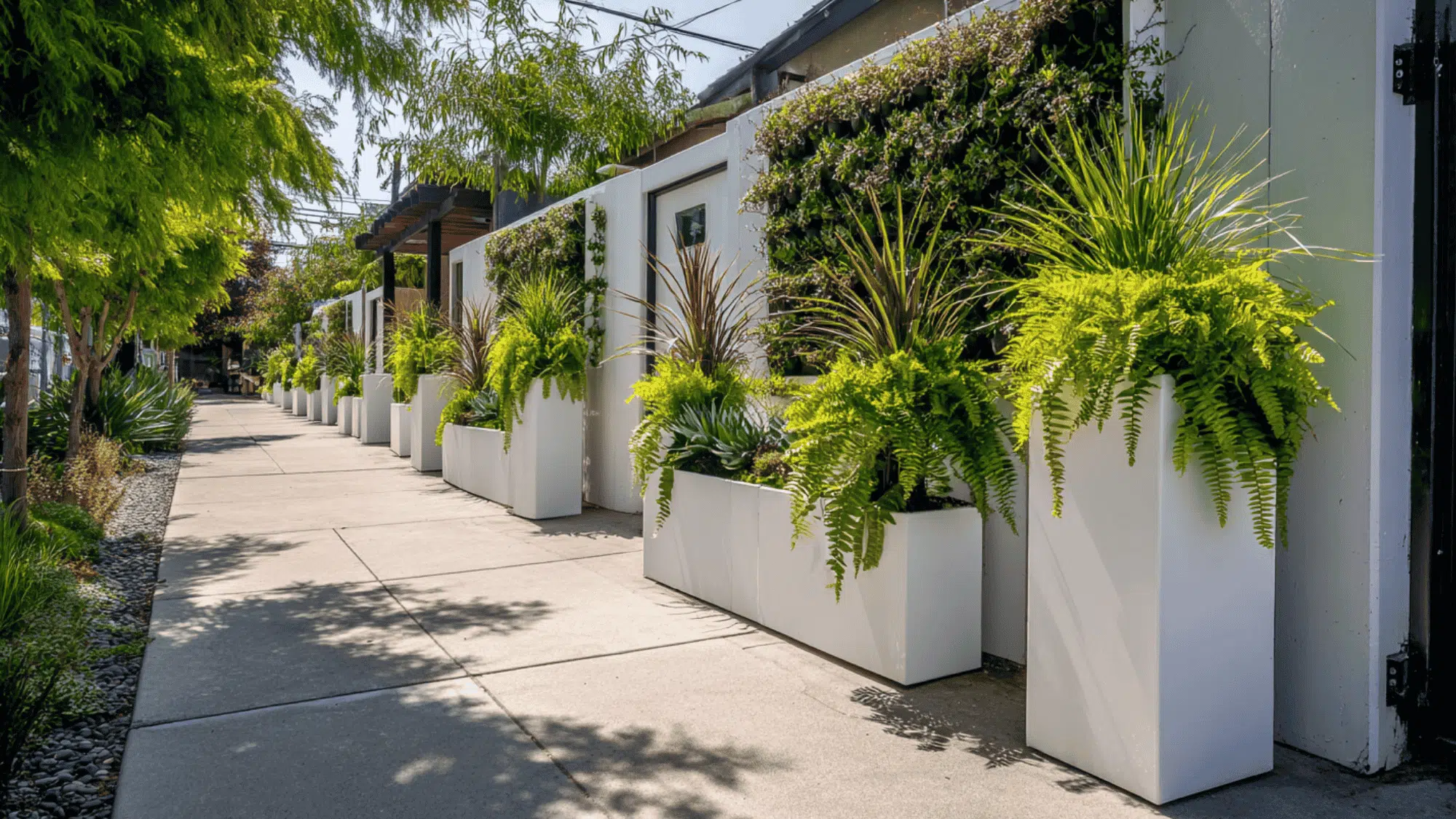 Living wall with succulents and ferns mounted on an exterior fence in a narrow side yard