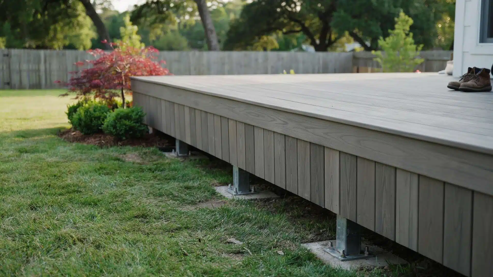 Gray vertical composite board deck skirting with exposed steel post footings on lawn