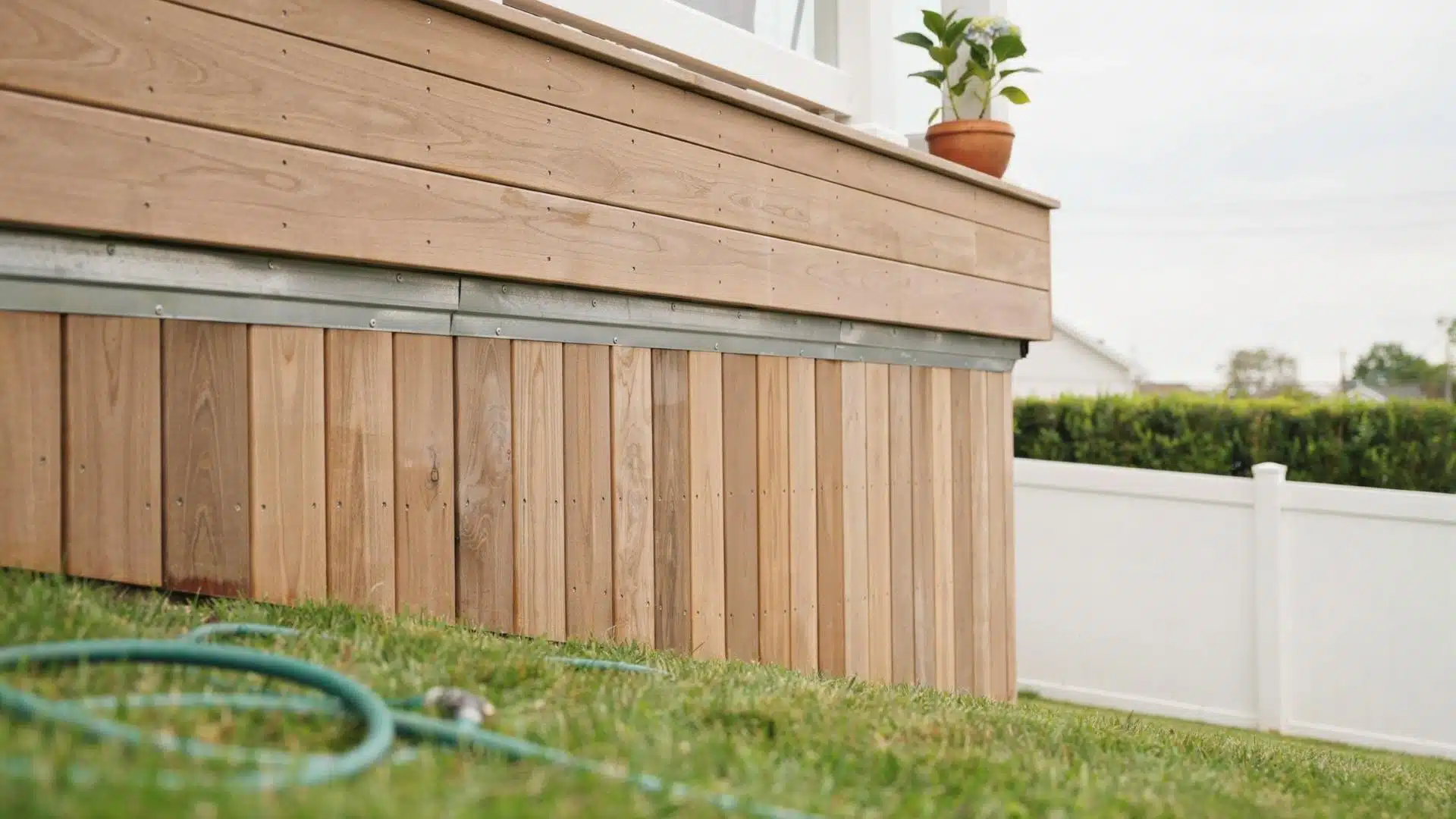 vertical board deck skirting with light wood tone beside white vinyl fence