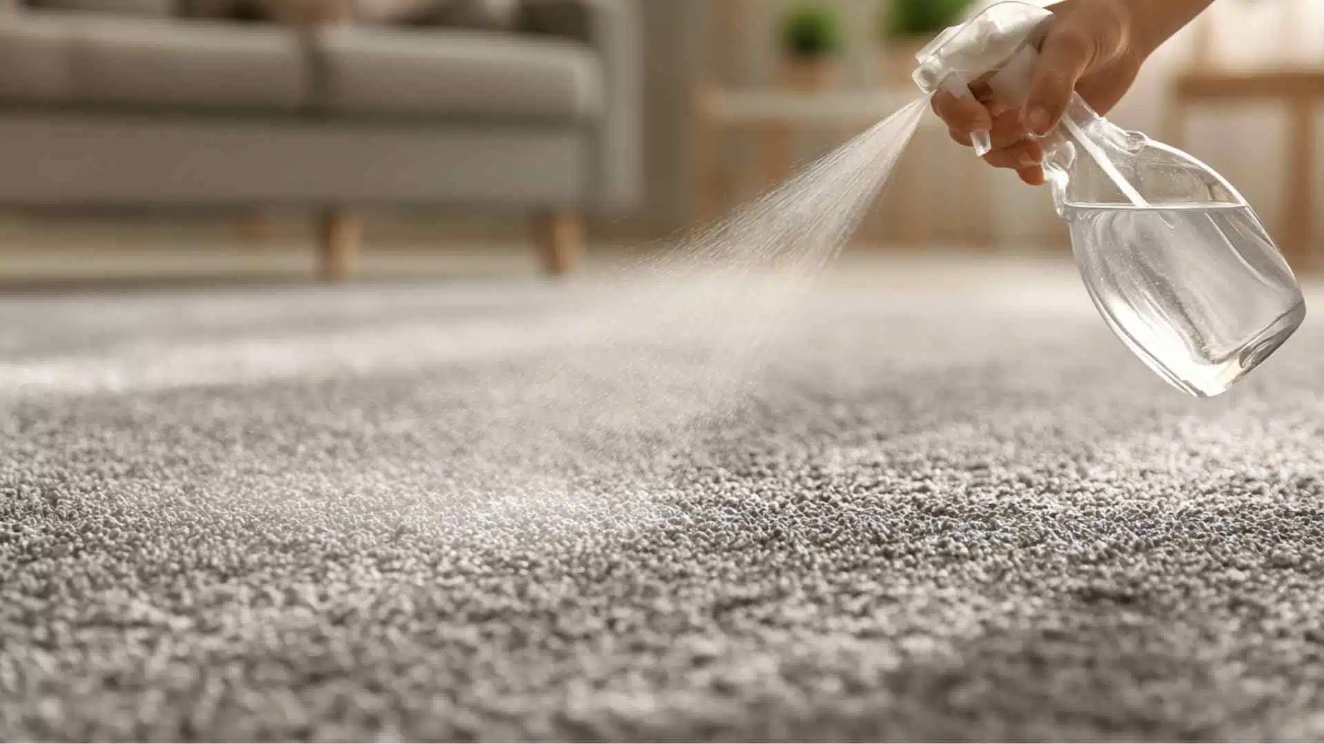 Light spray of vinegar and dish soap solution on carpet removing fresh food and drink stains gently and effectively