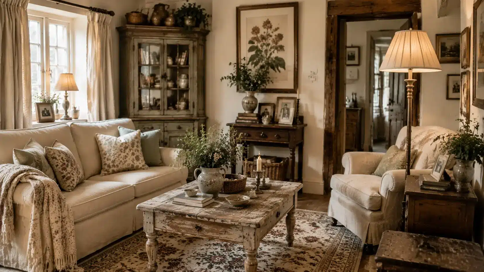 Vintage furniture and decorative details in an English cottage living room