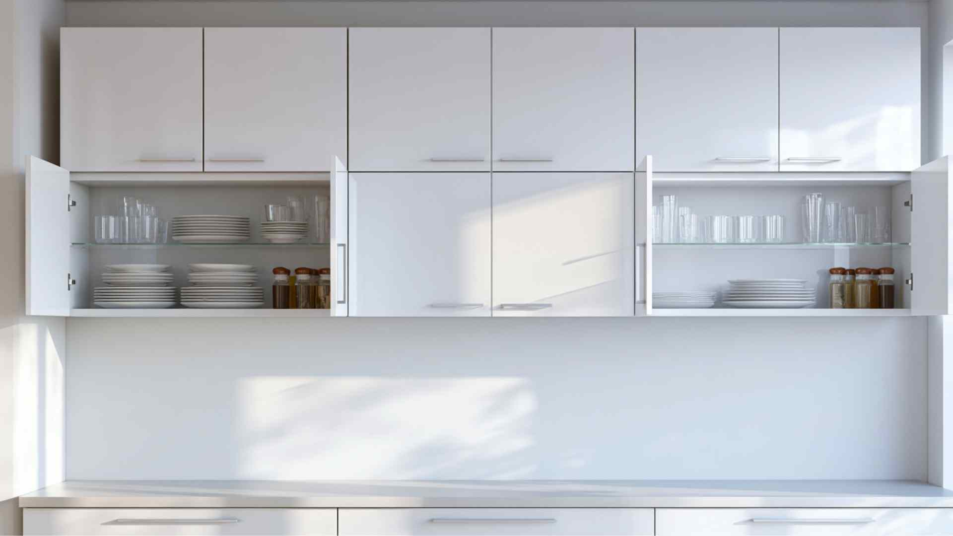 Kitchen wall cabinets above countertop storing dishes and spices in a clean modern bright interior setting