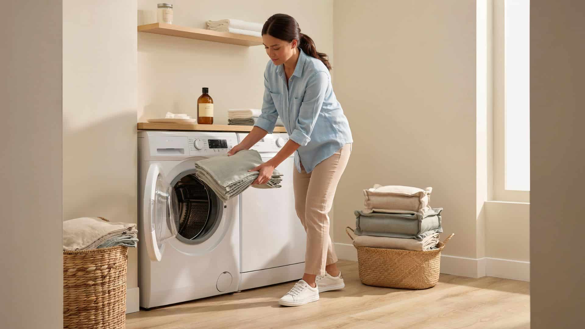 Woman in light blue shirt loading couch cushion covers into washing machine in bright modern laundry room