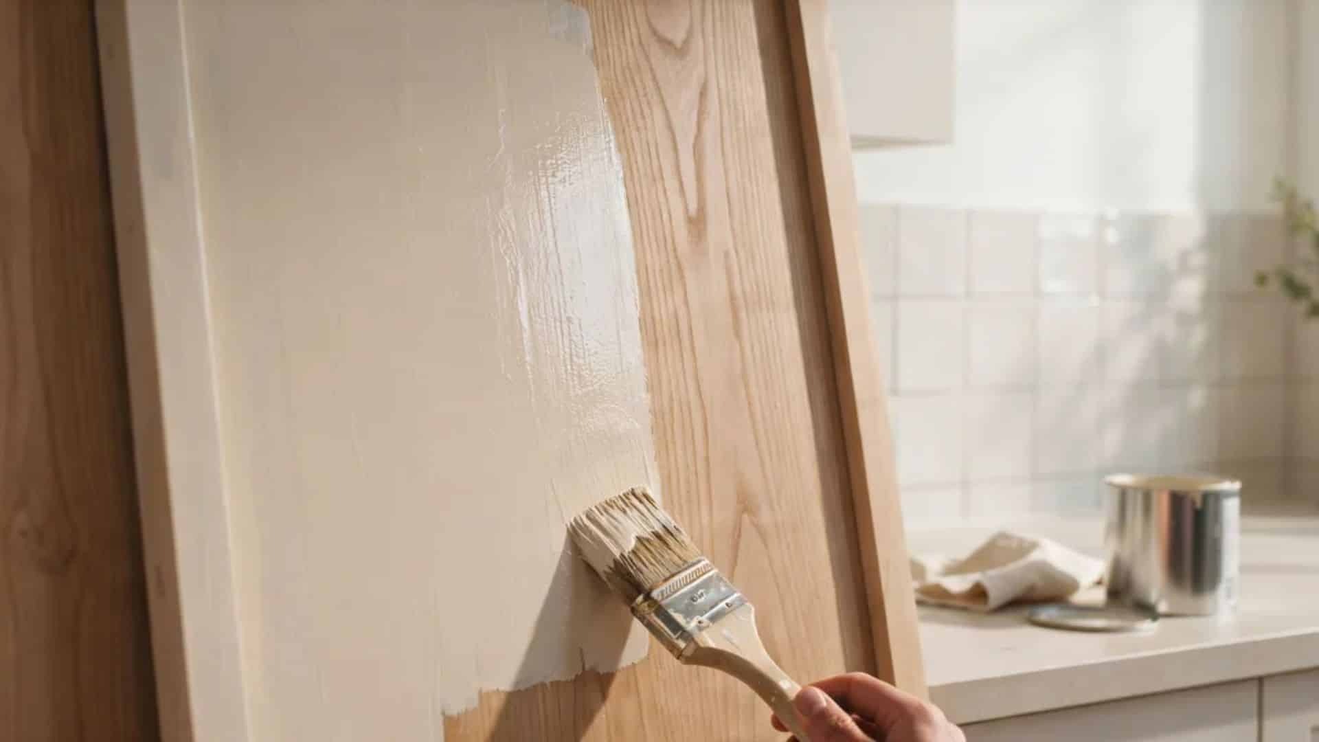 Water based enamel paint being applied smoothly on wooden cabinet showing even satin finish in bright indoor setting