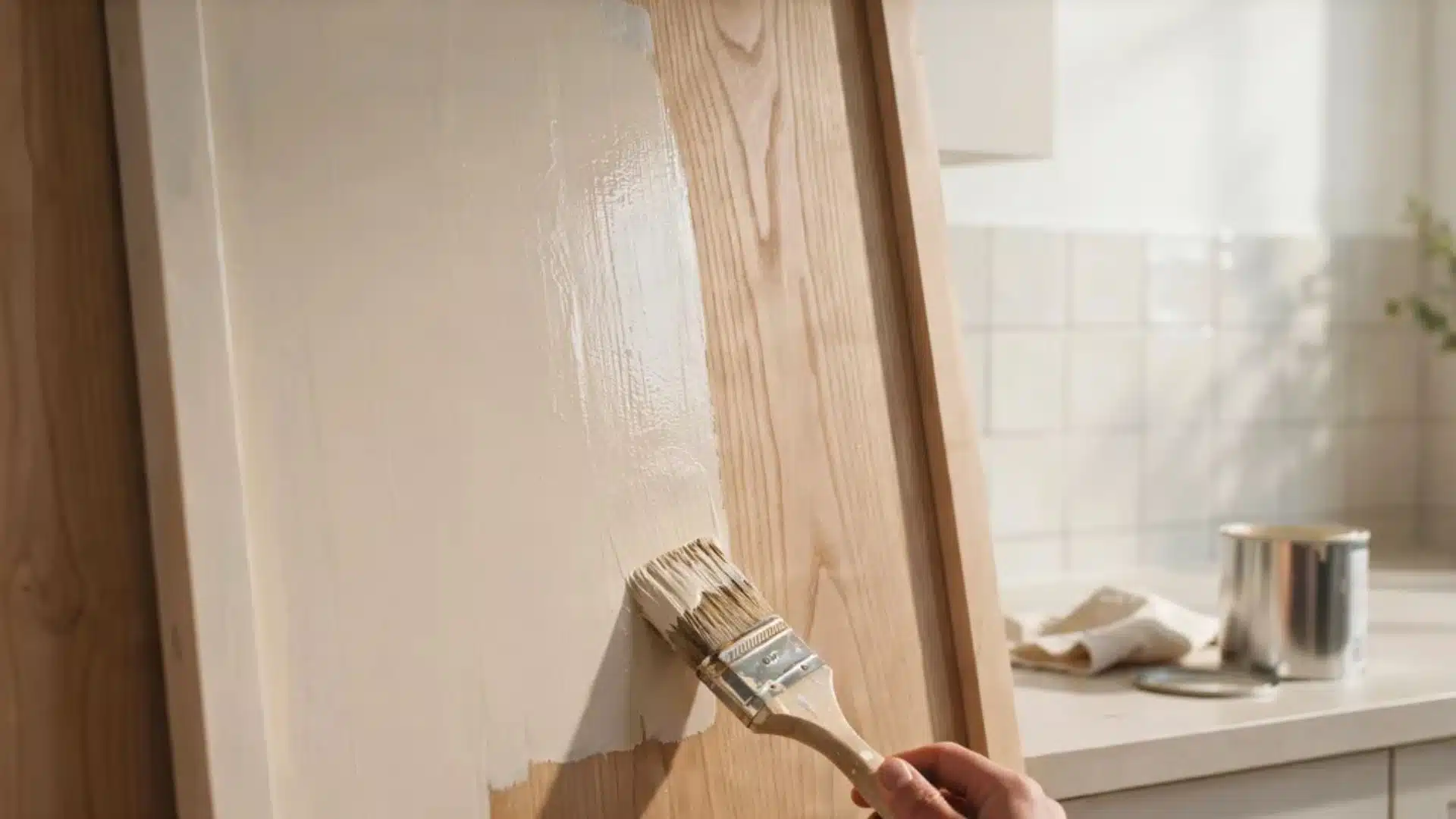 Water based enamel paint being applied smoothly on wooden cabinet showing even satin finish in bright indoor setting