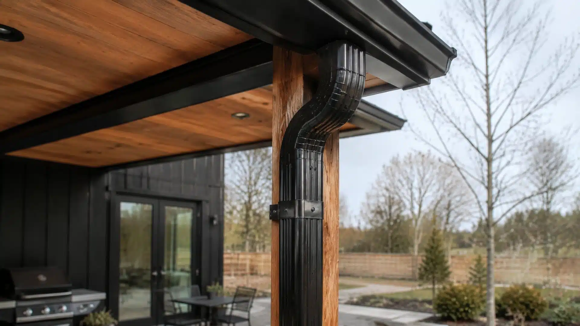 Close up of modern home patio roof gutter system with Waterproof Under-Deck Drainage