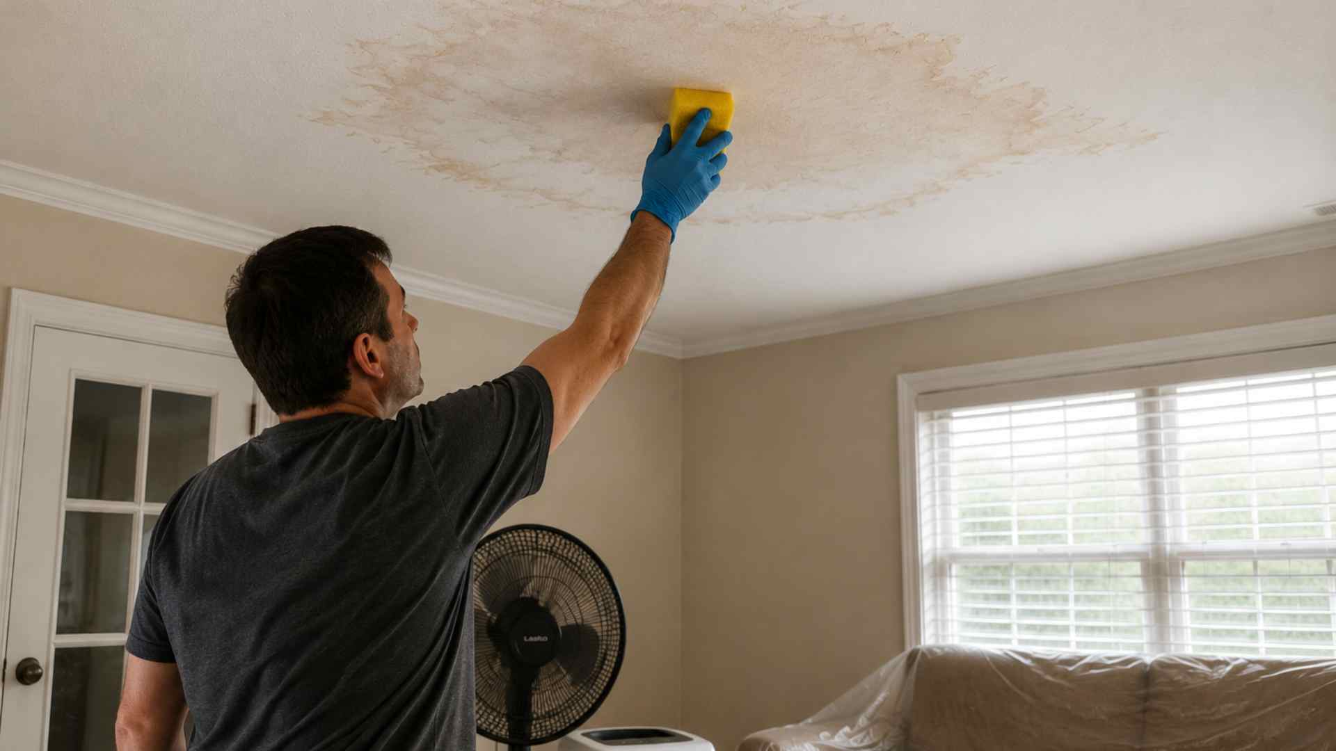 Gloved hands cleaning yellow ceiling water stain under AC pipe in older home with natural light