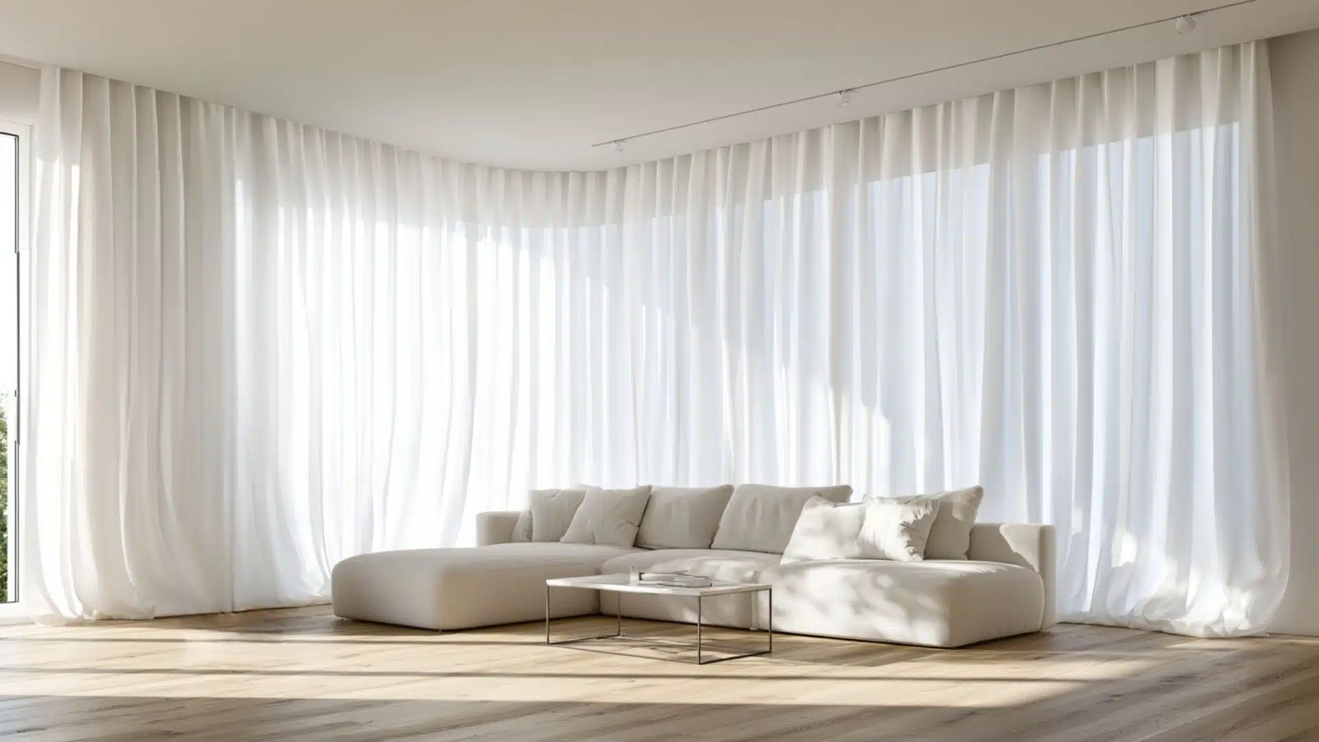 Floor-to-ceiling white wave fold curtains on a curved ceiling track in a minimalist living room