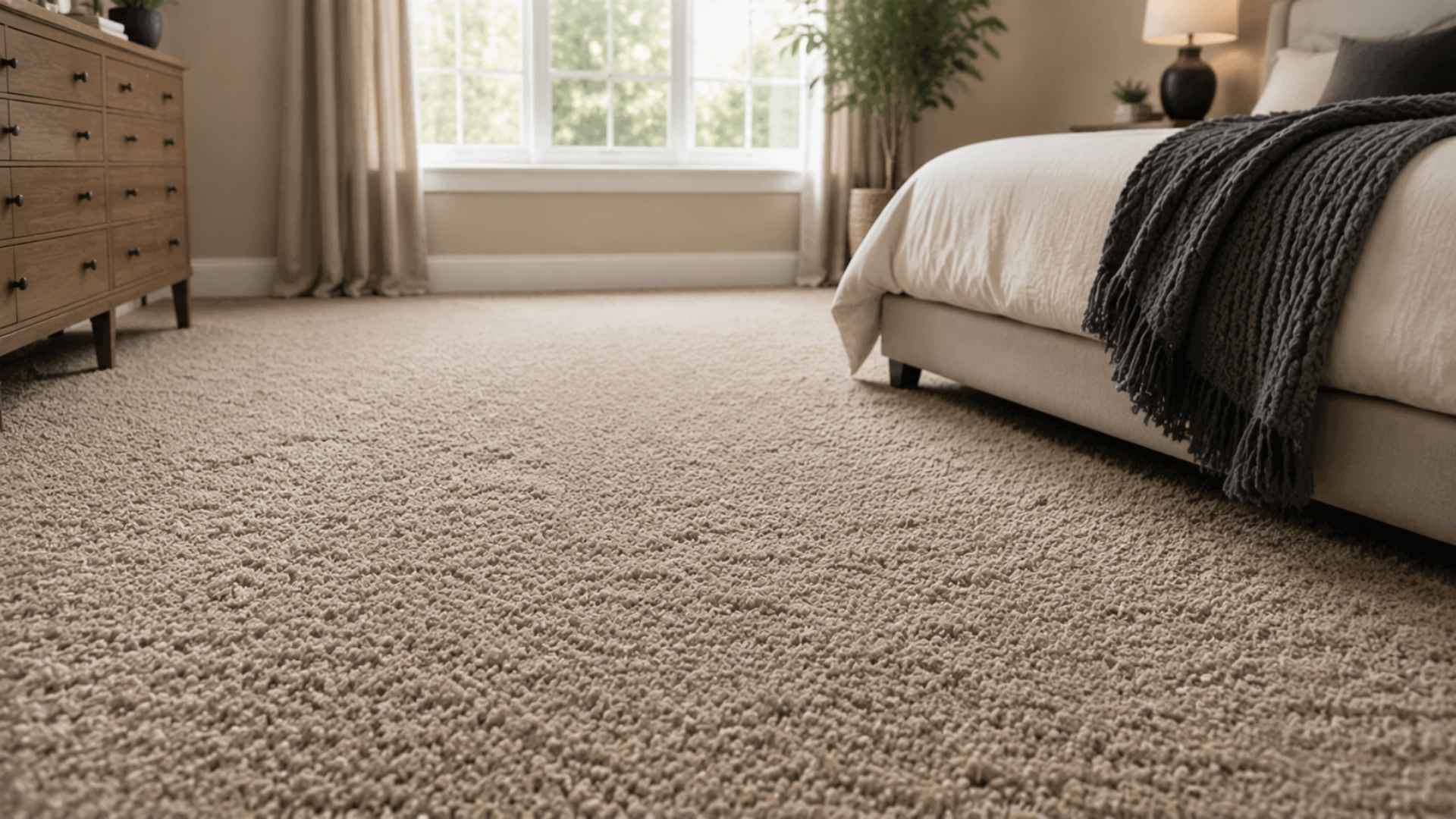 Cozy bedroom with soft carpet flooring, natural light, and modern neutral decor
