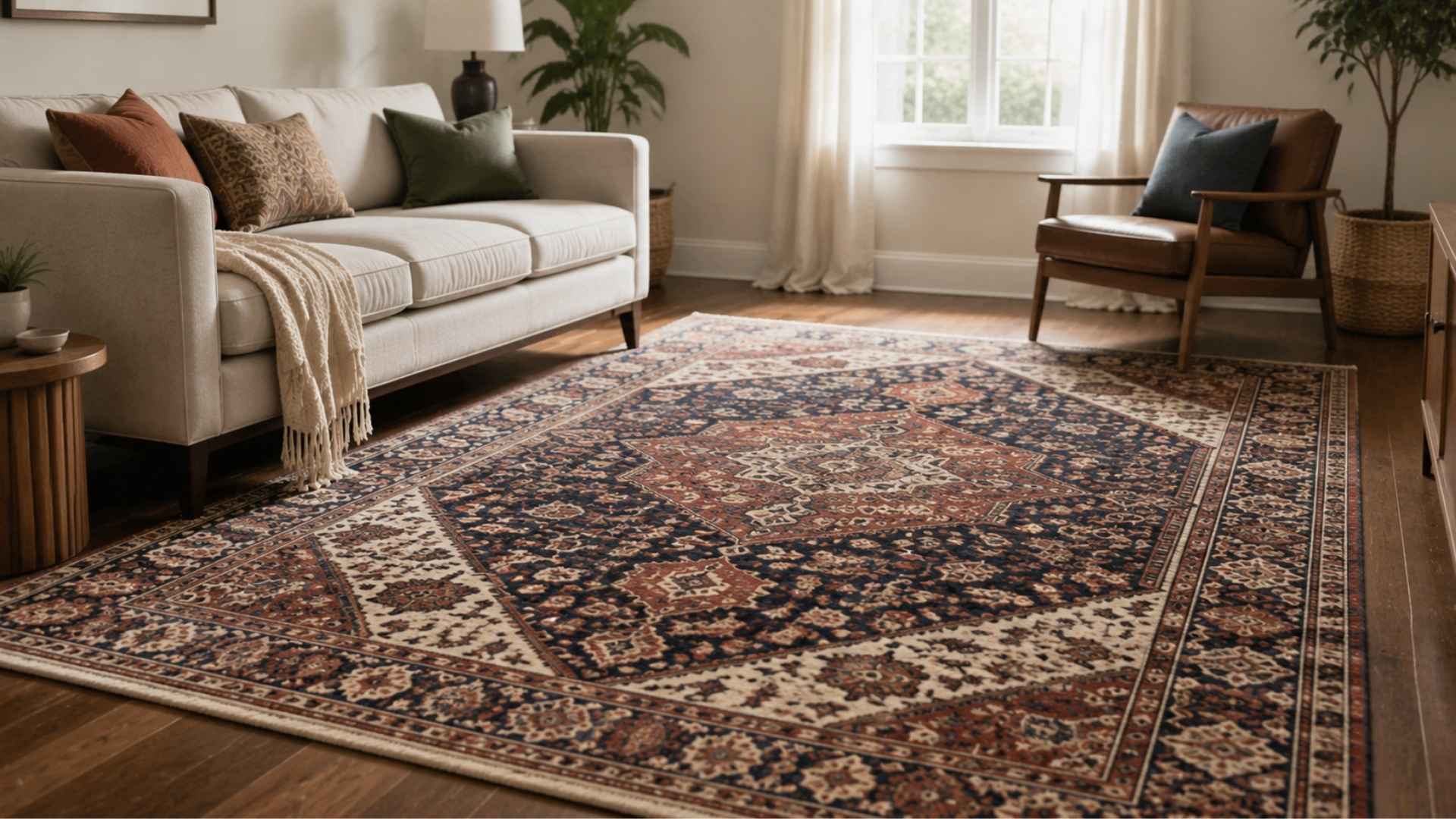 Modern living room featuring patterned area rug on wooden floor with warm natural light