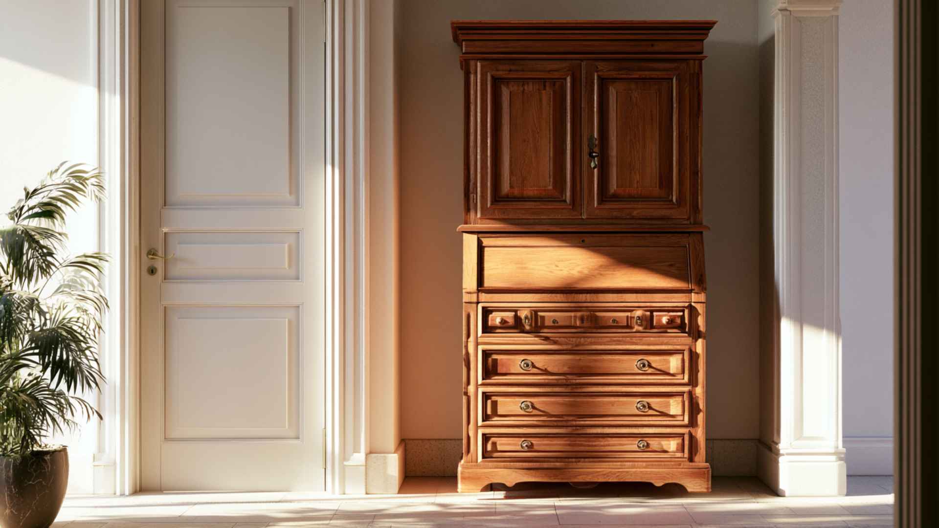 Traditional bureau furniture with drawers placed in a hallway showing classic storage design