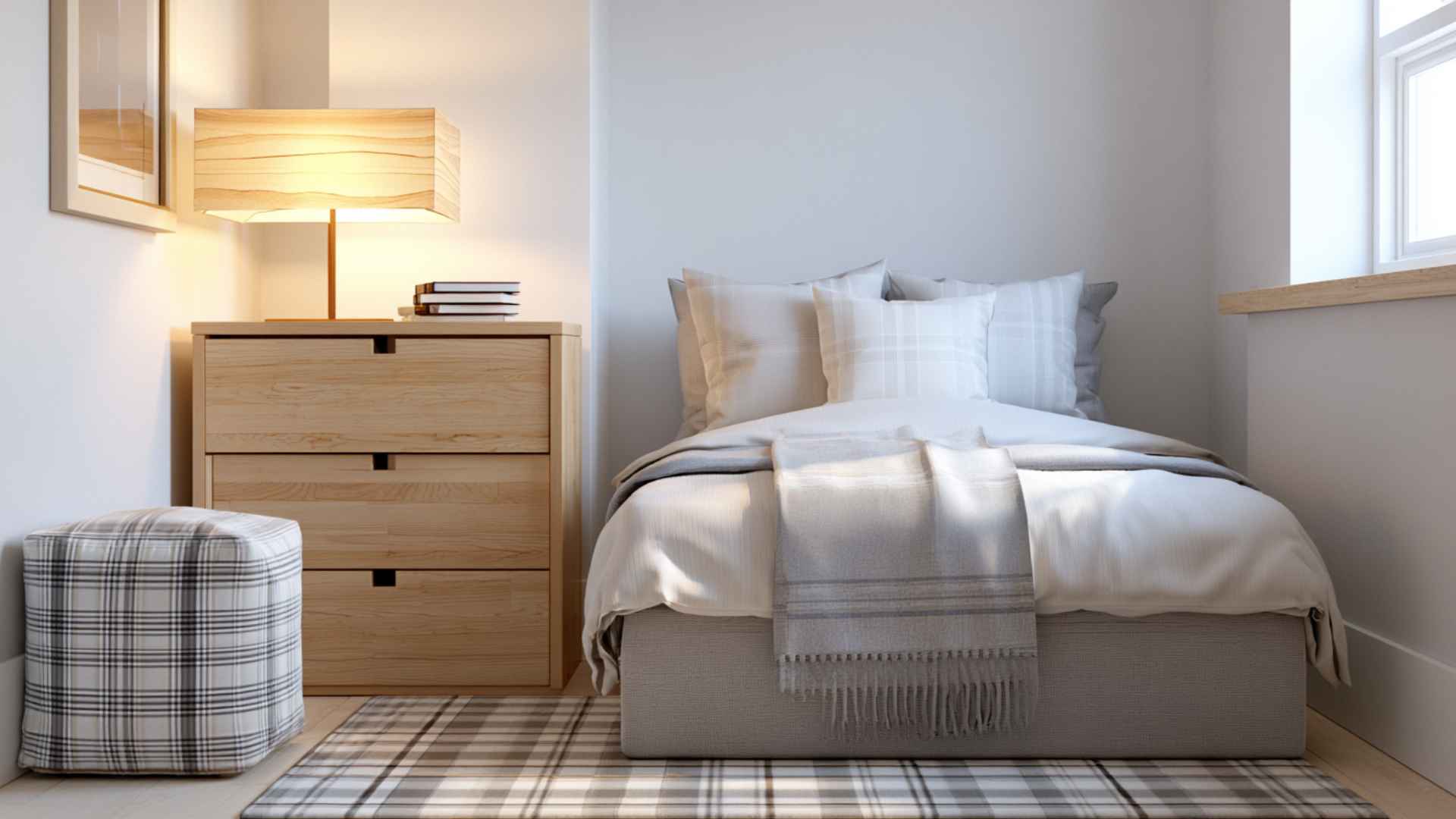 Small bedroom layout showing chest of drawers used in a compact space beside the bed