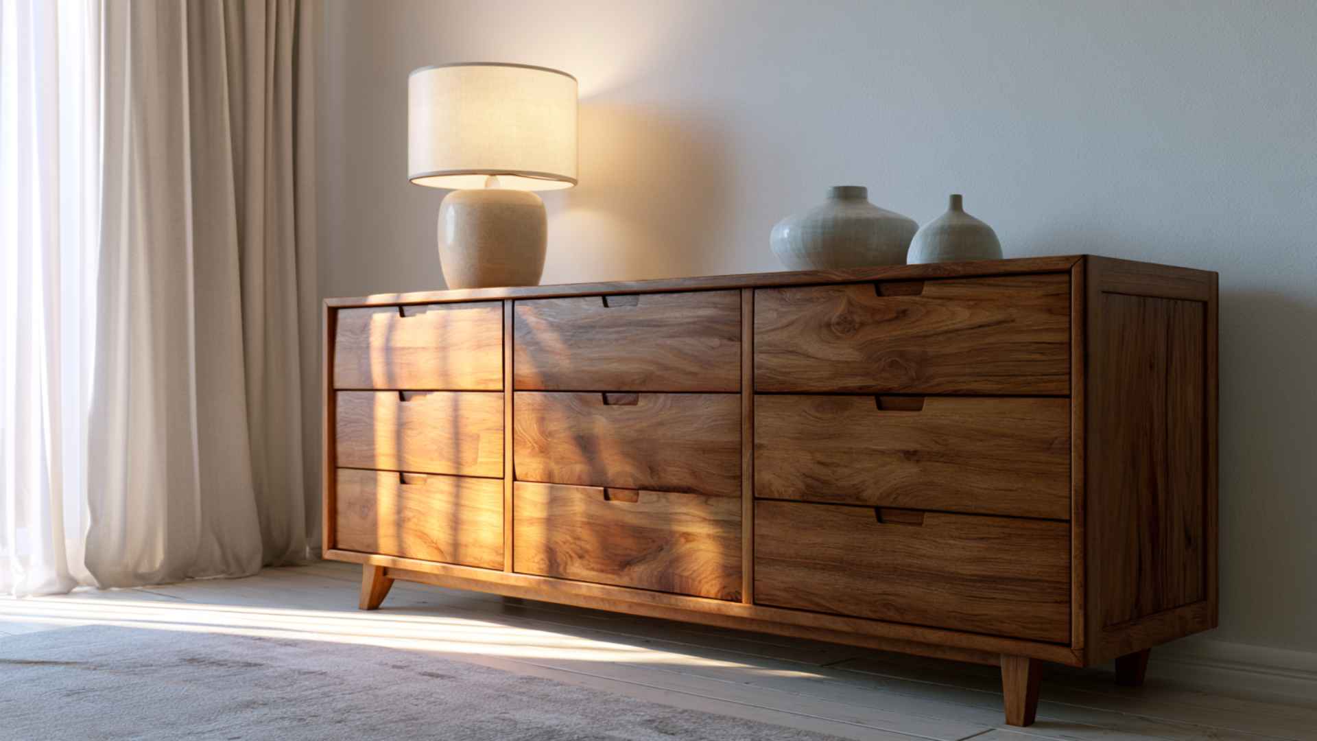Wide dresser in a bedroom with decorative items on top showing horizontal storage design