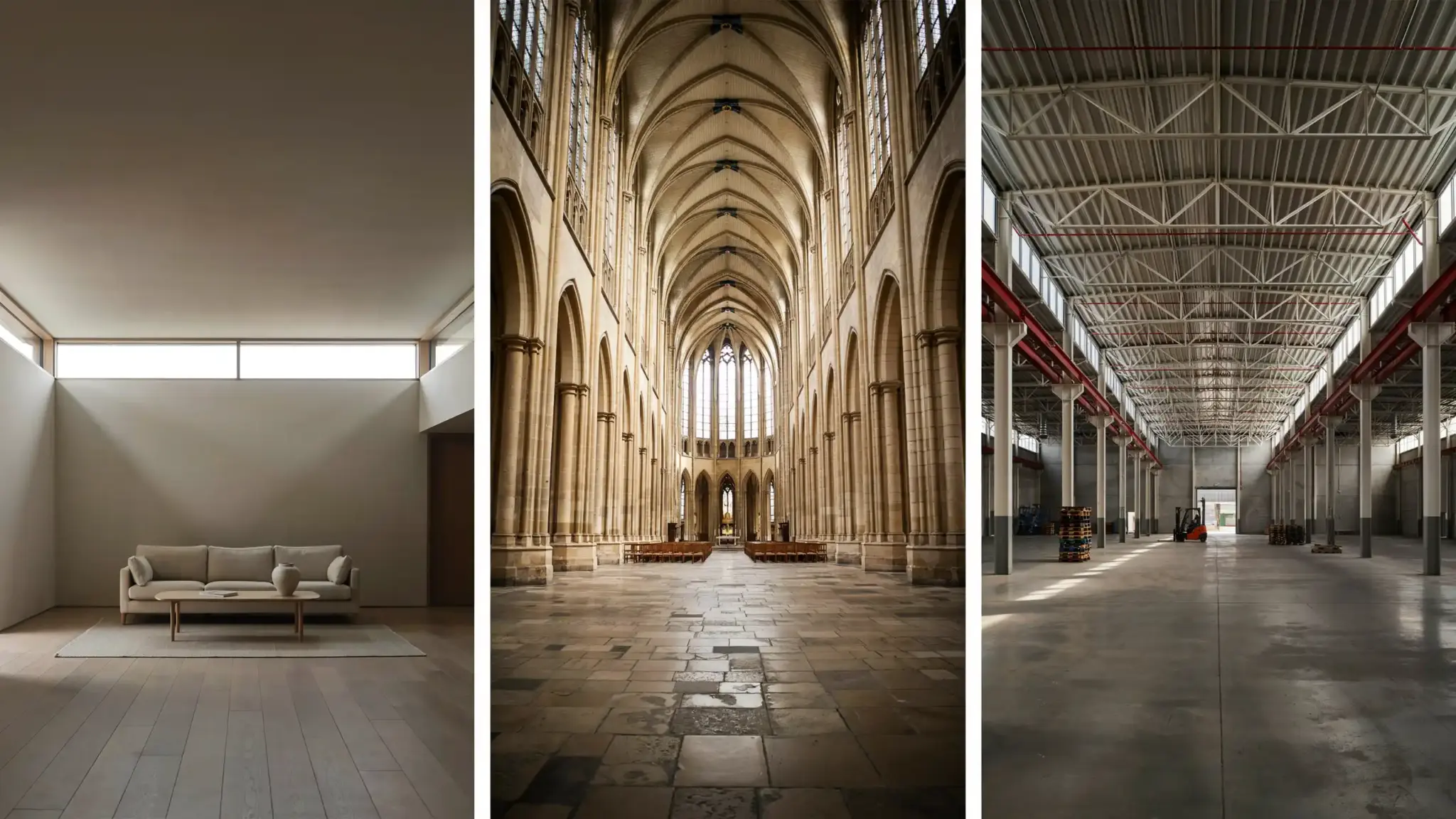 Three spaces where clerestory windows appear: a modern home, a Gothic cathedral, and an industrial warehouse.