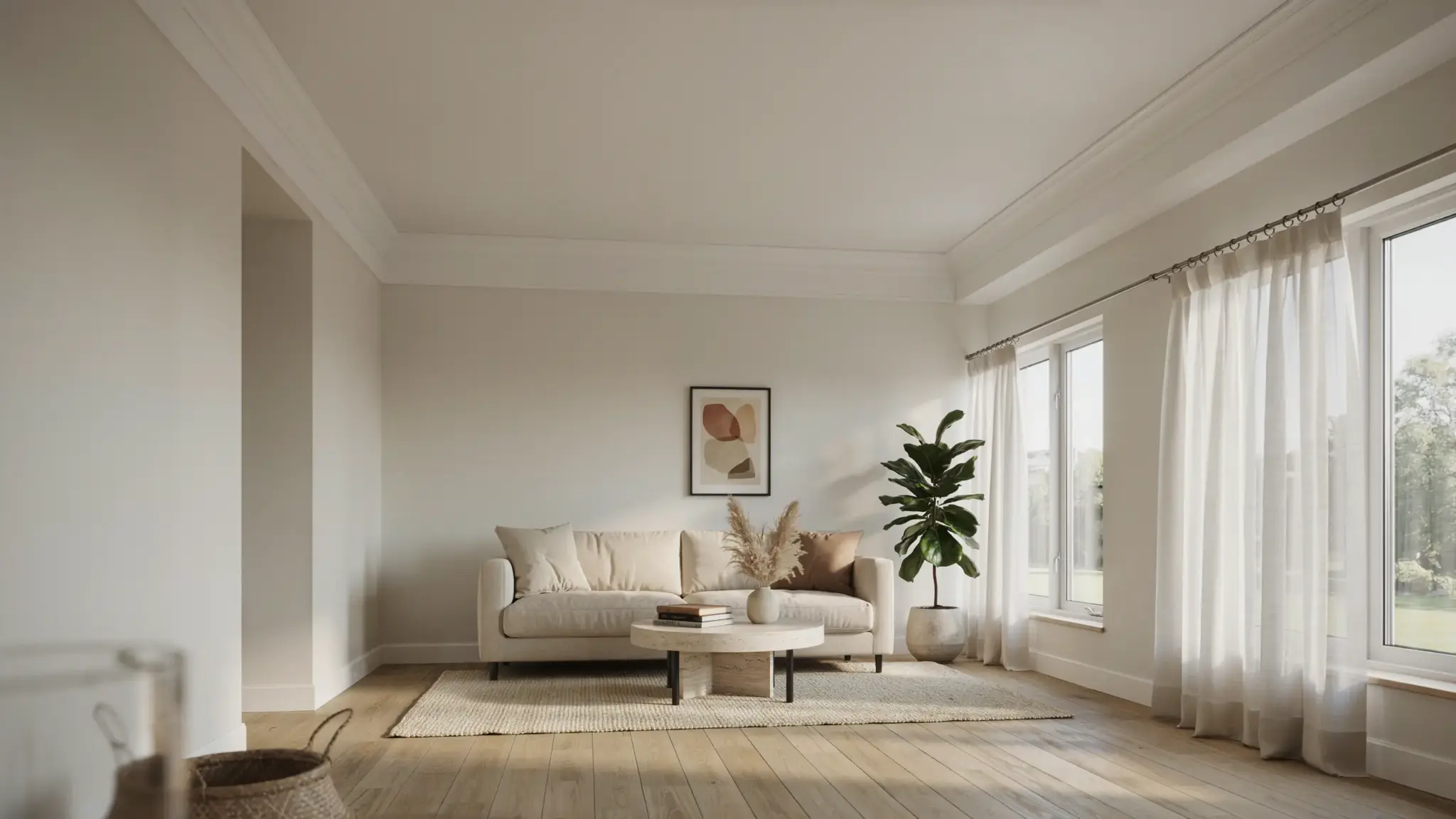 Minimalist living room featuring white crown molding, beige sofa, wood coffee table, and sheer curtains by sunlit windows.