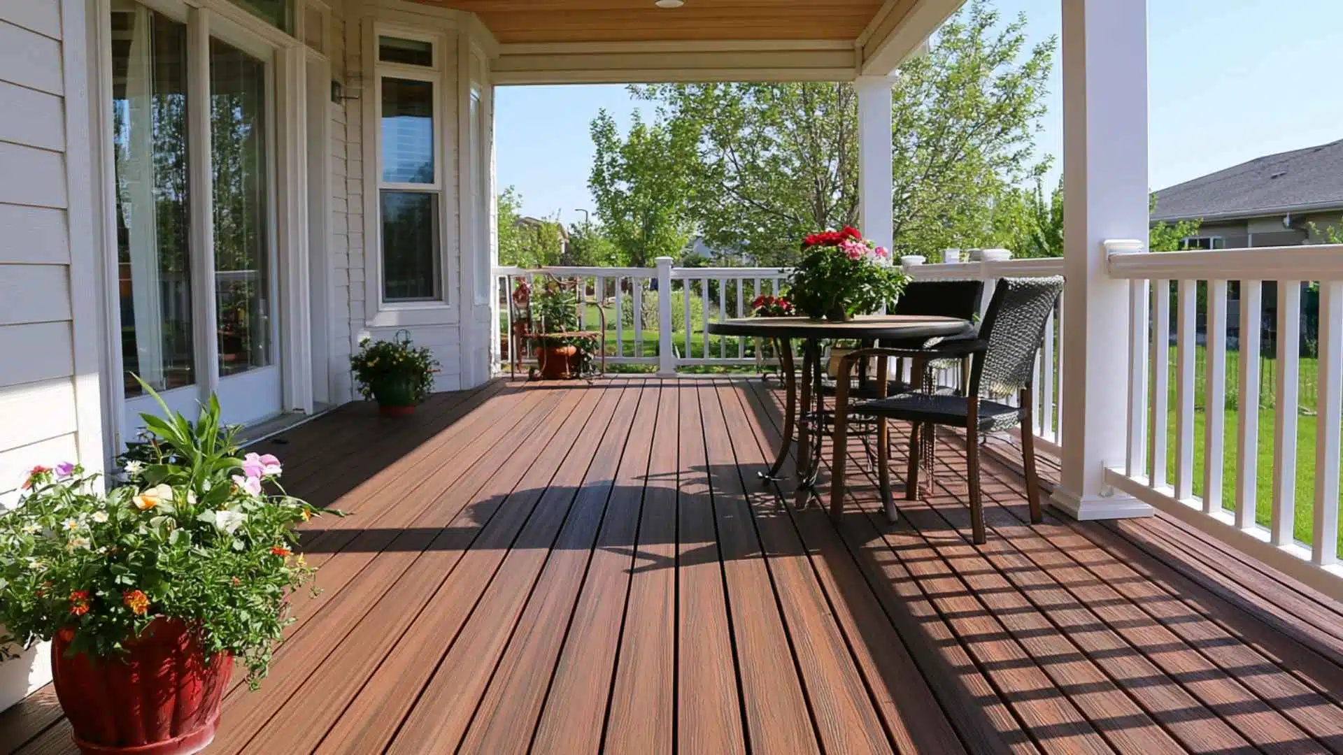 Covered deck with composite decking, white railing, and outdoor dining furniture setup