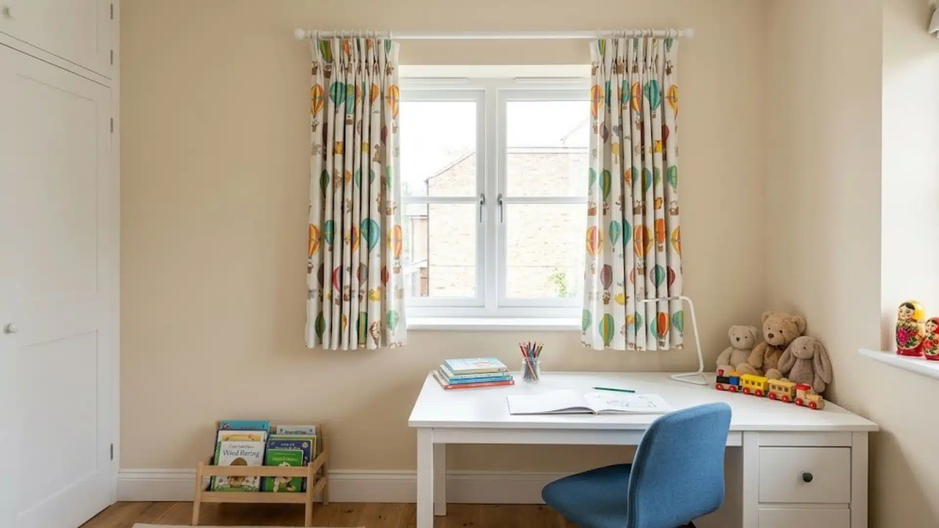 Colorful hot air balloon print window sill curtains on a white rod in a bright children's bedroom with desk