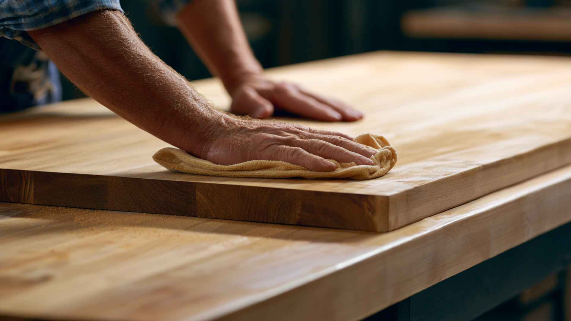 Hands wiping sanded wood with tack cloth, removing fine dust, leaving smooth clean surface ready for finishing.