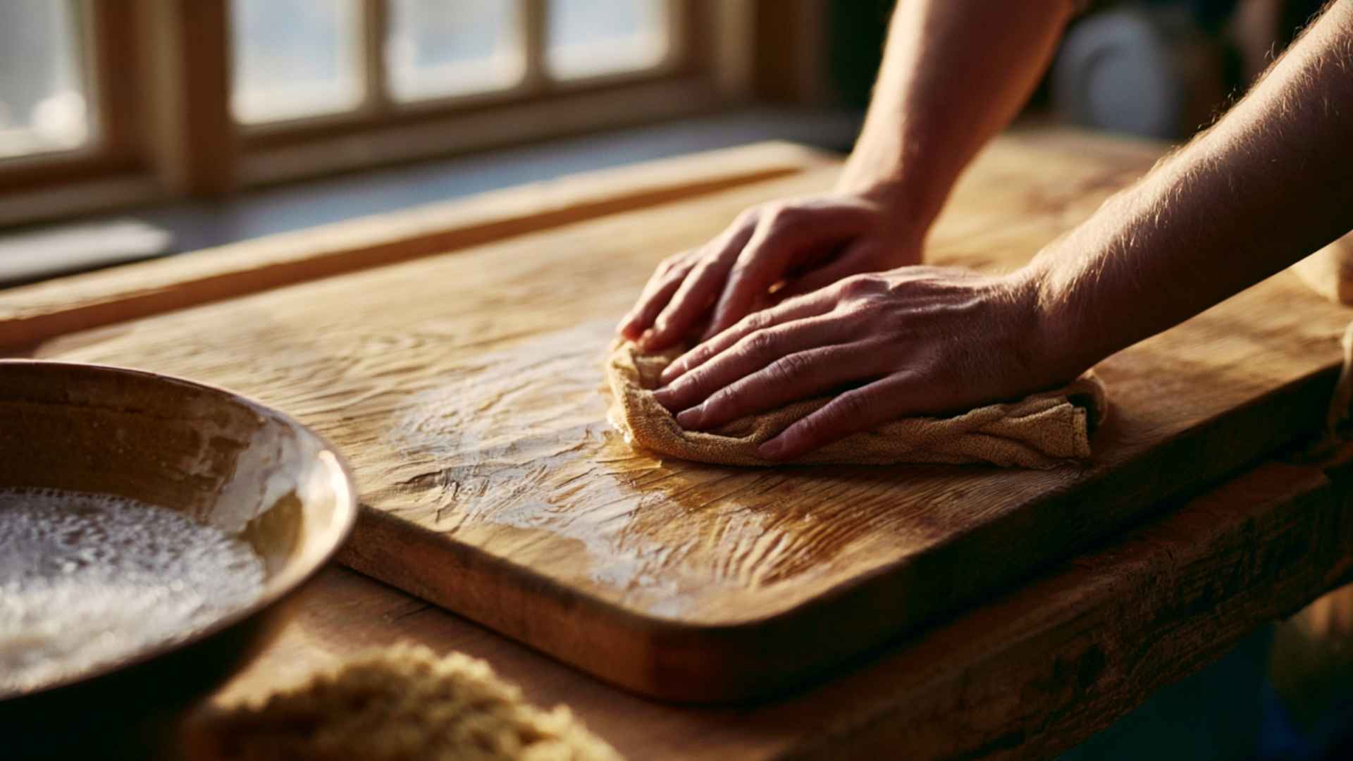 Hands cleaning wooden furniture with soapy cloth, removing dust and residue on raw wood in natural light workshop.