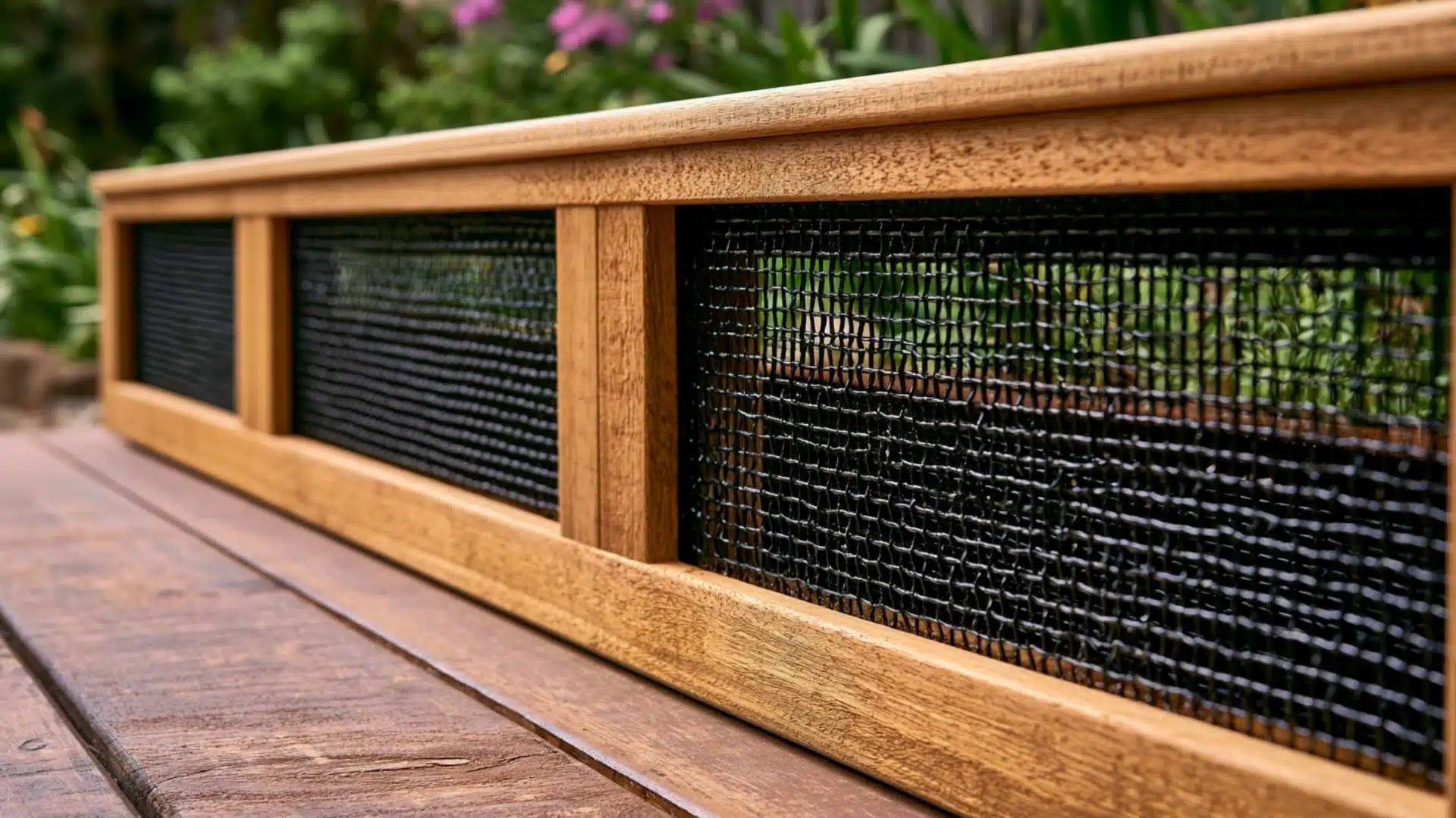 Wood-framed panels with black wire mesh insert allow airflow while concealing the deck base.