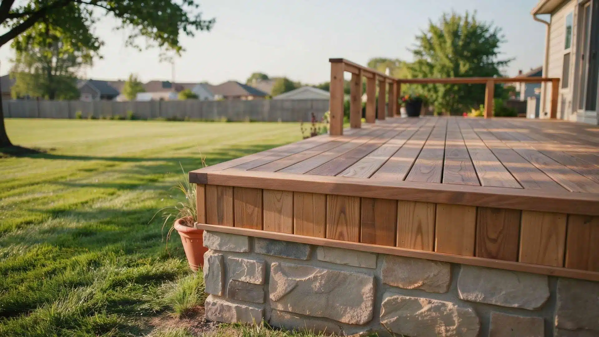 Deck skirting combining vertical wood slats with a natural stone base for texture contrast.